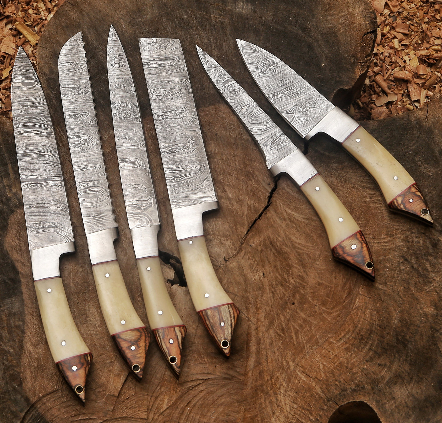 Custom Handmade Damascus Steel Chef Knife Set – Camel Bone & Exotic Wood Handle
