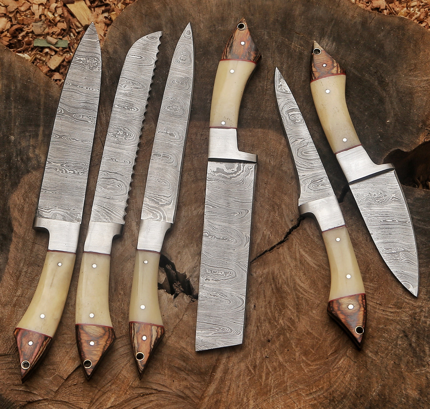 Custom Handmade Damascus Steel Chef Knife Set – Camel Bone & Exotic Wood Handle