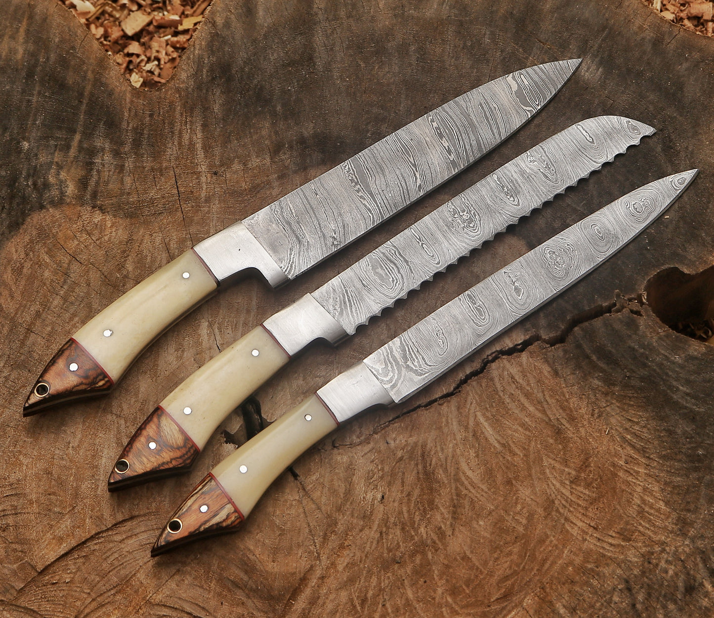 Custom Handmade Damascus Steel Chef Knife Set – Camel Bone & Exotic Wood Handle