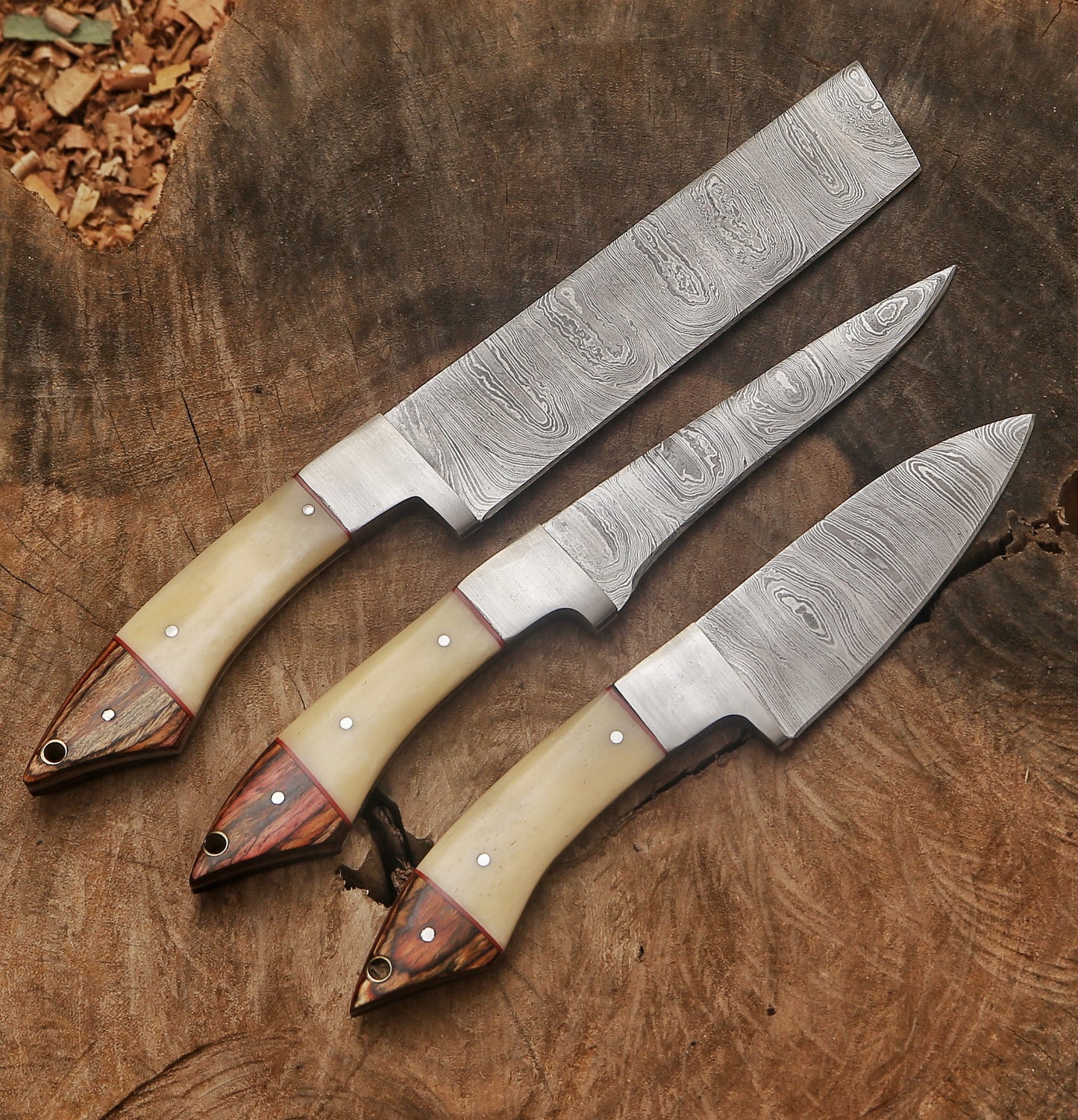 Custom Handmade Damascus Steel Chef Knife Set – Camel Bone & Exotic Wood Handle
