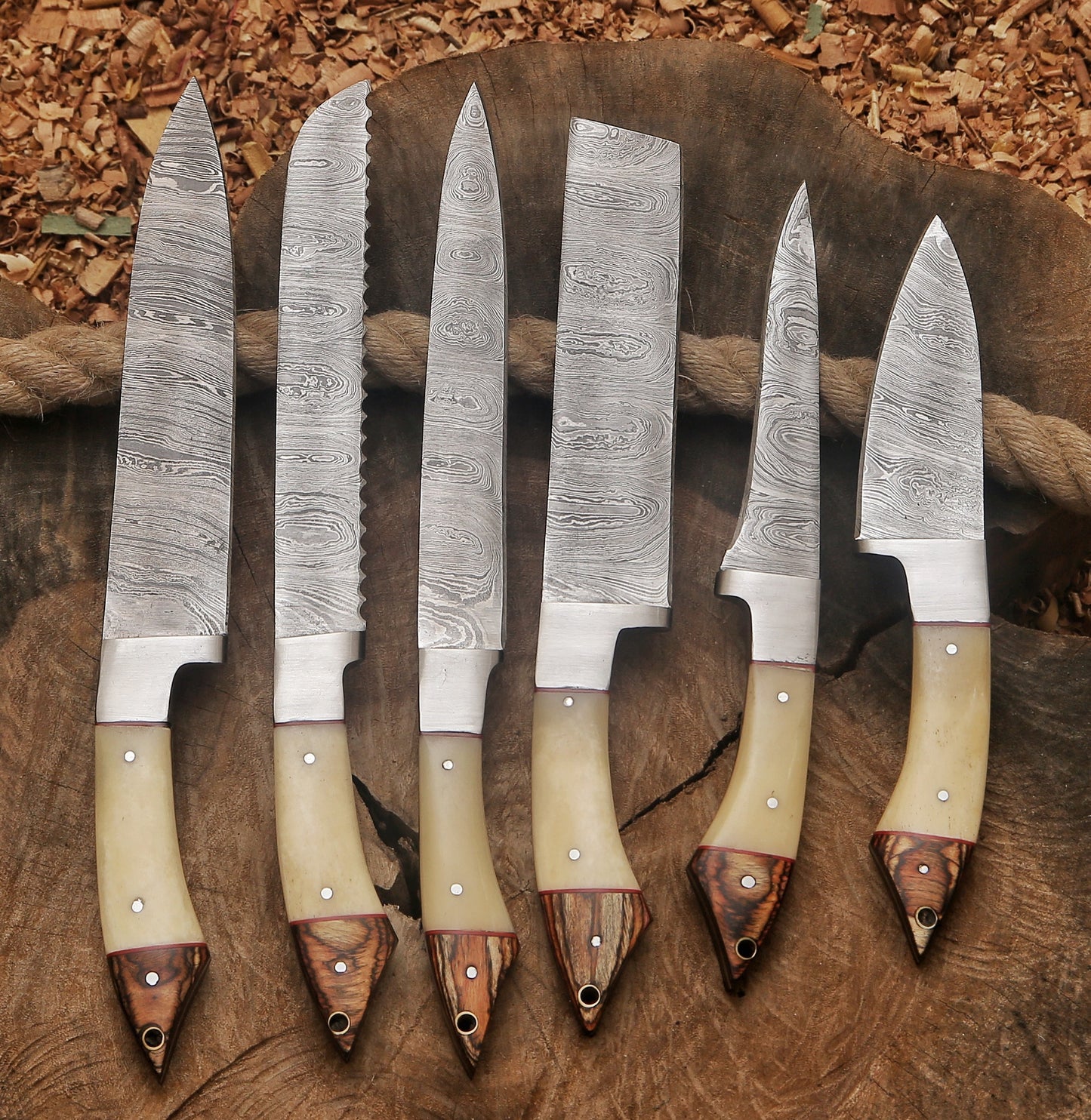 Custom Handmade Damascus Steel Chef Knife Set – Camel Bone & Exotic Wood Handle