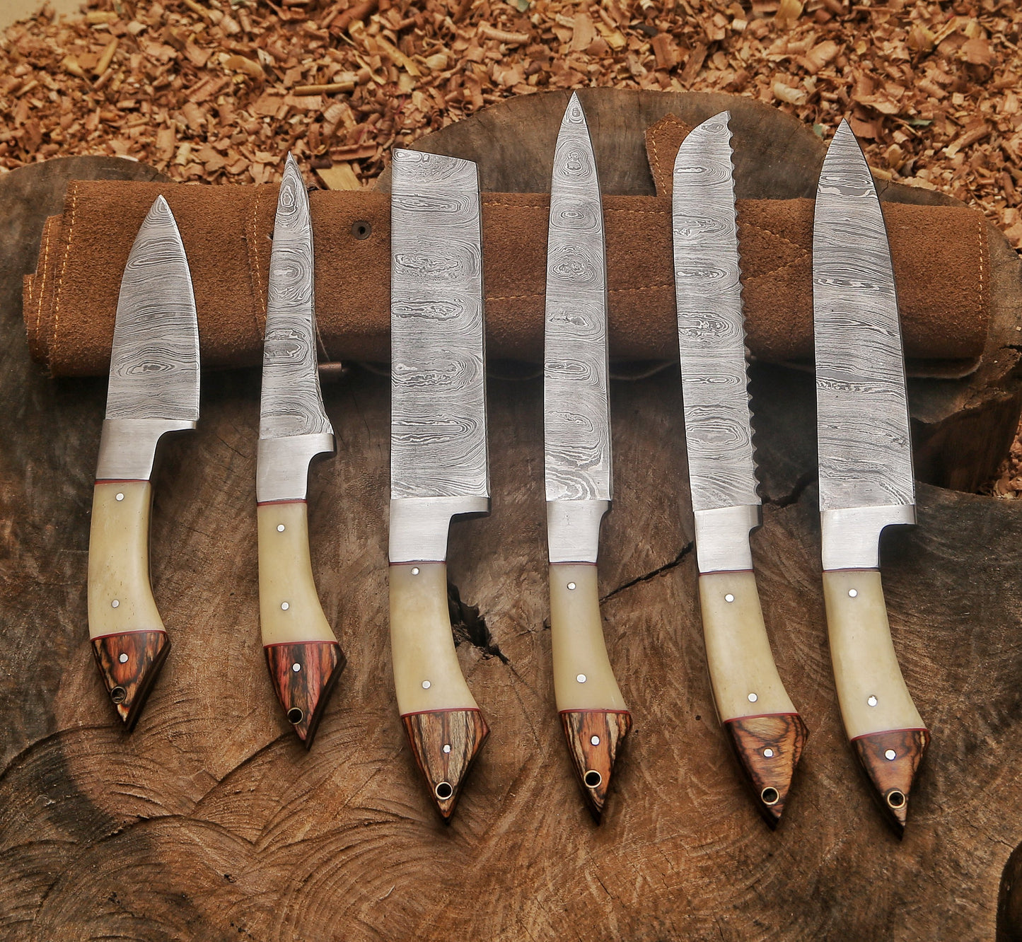 Custom Handmade Damascus Steel Chef Knife Set – Camel Bone & Exotic Wood Handle
