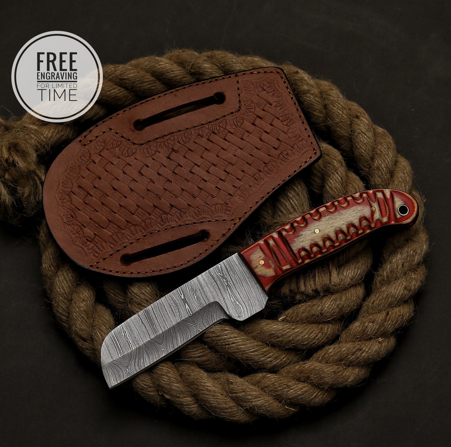 8"Custom Handmade Damascus Steel Cow Bull Cutter Knife With Exotic Wood Handle And Customize Leather Sheath Gift For Dad Engraved Bull Cutter