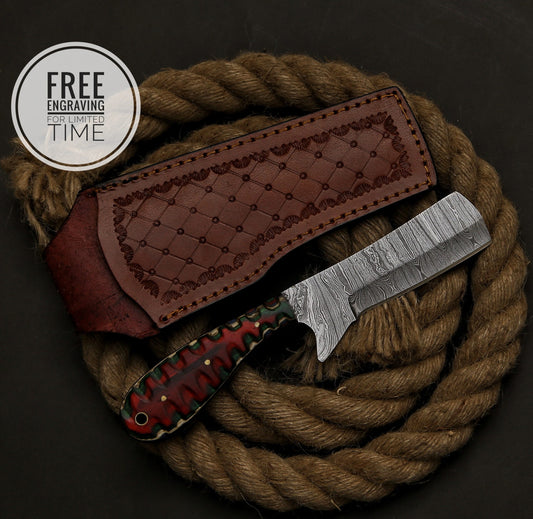 8" Custom Handmade Damascus Steel Bull Cutter Knife With Pure Leather Sheath Gift For Cowboy Gift For Dad Personalized Bull Cutter Knife