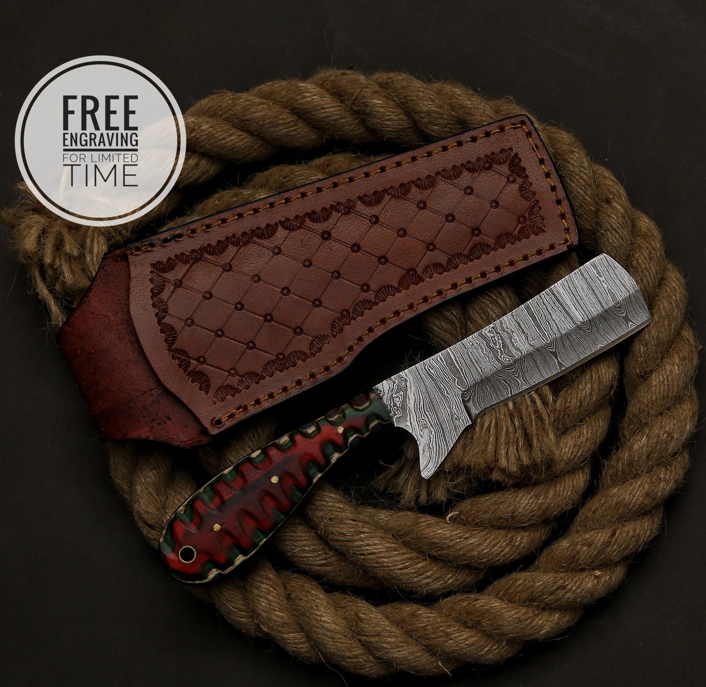 8" Custom Handmade Damascus Steel Bull Cutter Knife With Pure Leather Sheath Gift For Cowboy Gift For Dad Personalized Bull Cutter Knife
