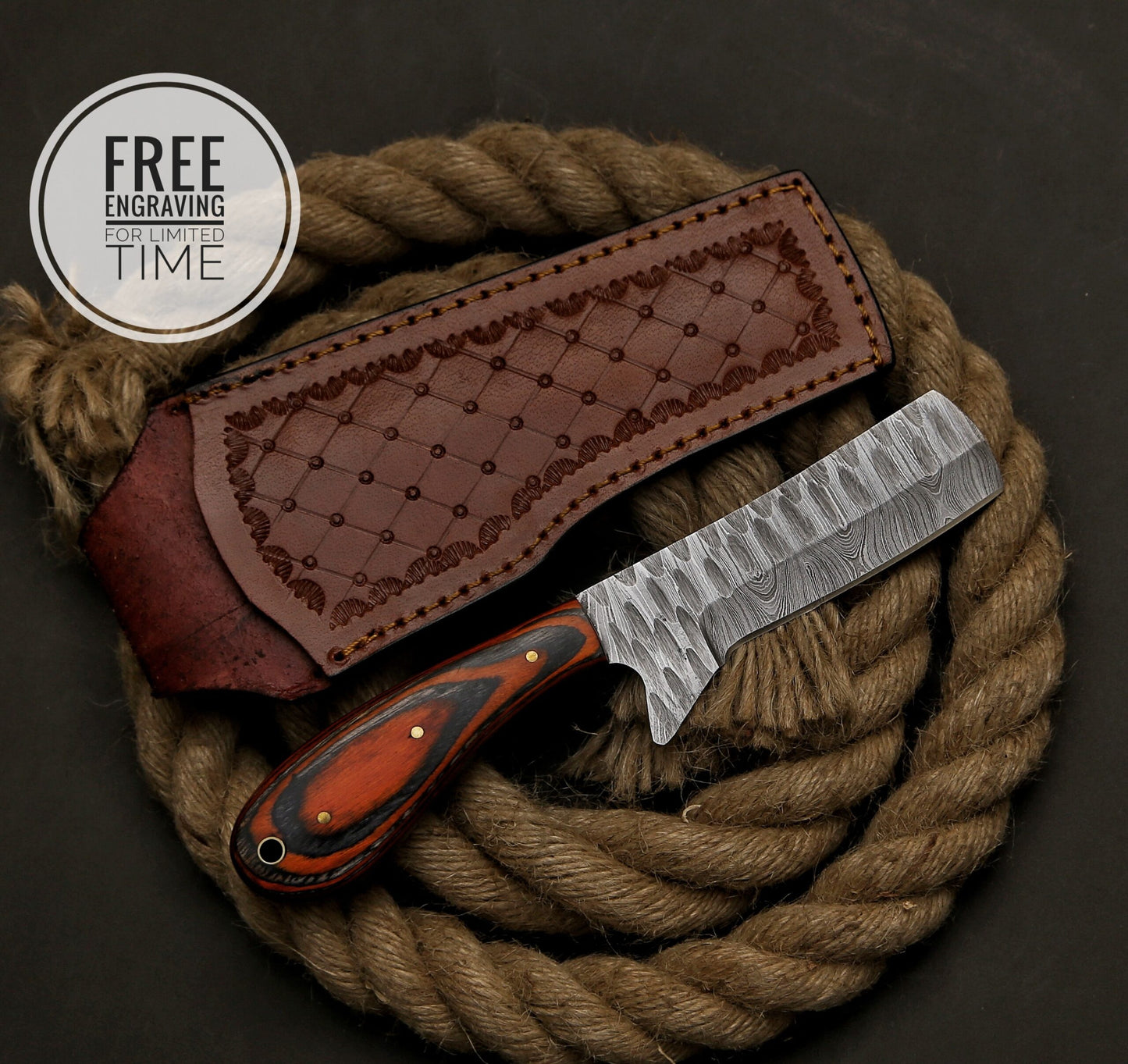 8" Custom Handmade Damascus Steel Bull Cutter Knife With Pure Leather Sheath Gift For Cowboy Gift For Dad Personalized Bull Cutter Knife