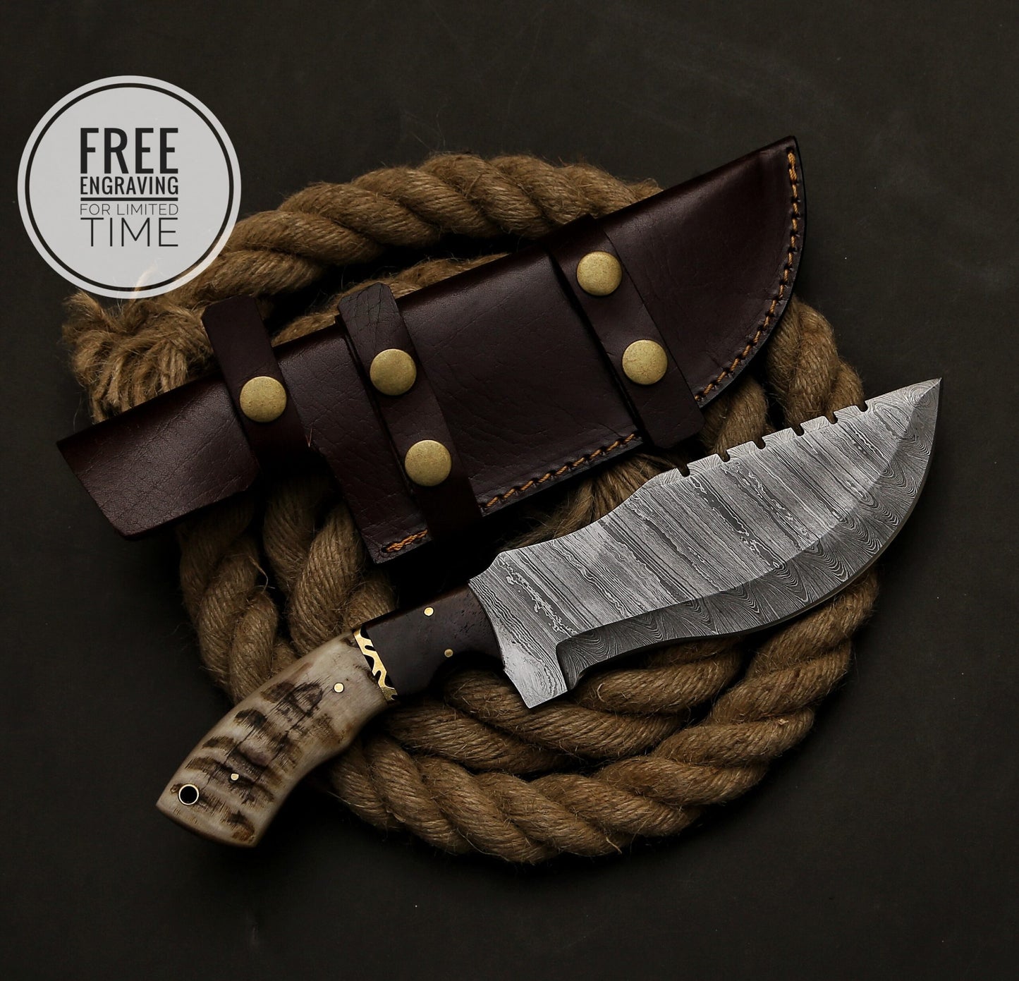 11.5" Custom Handmade Damascus Steel Tracker Knife With Rose Wood & Ram Horn Handle And Leather Sheath Gift For Husband Hunting Knife Gift