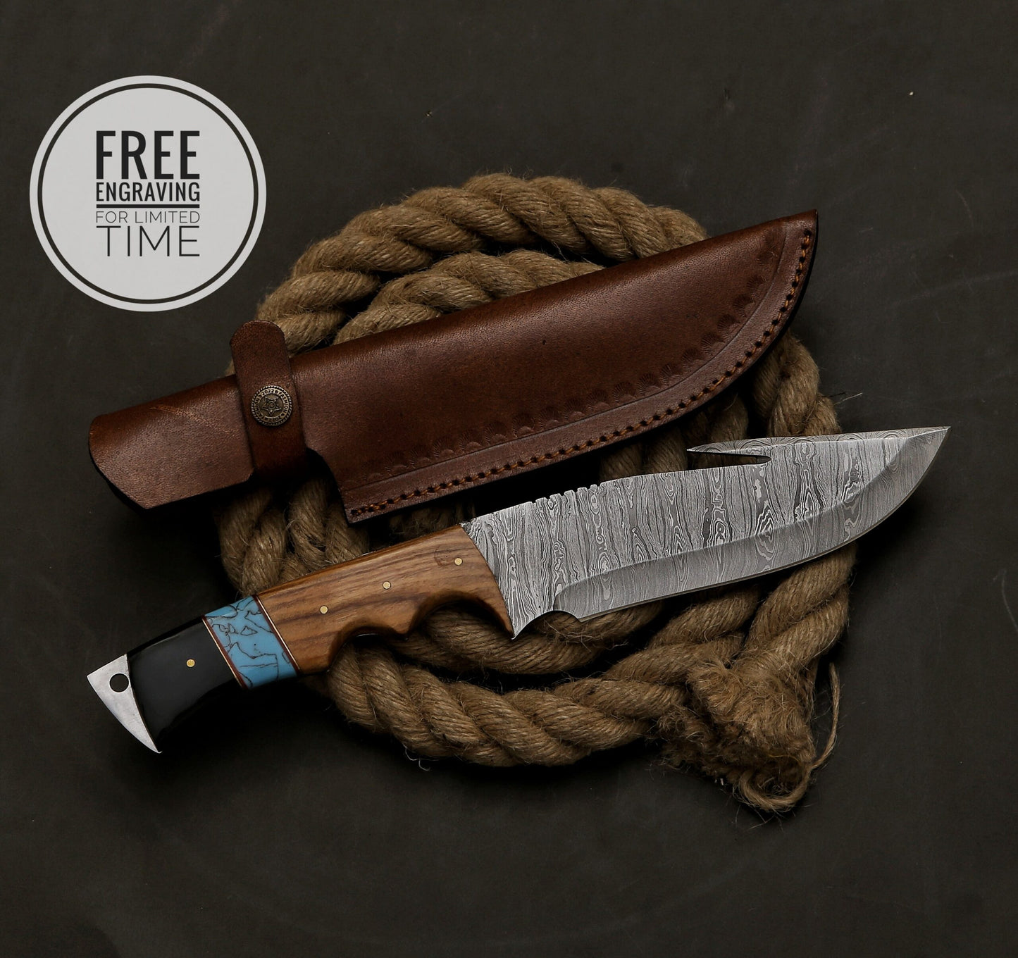 Custom Handmade Damascus Steel Gut Hook Hunting Knife With Pure Leather Sheath Hunting Knife Gift Gift For Hunters Personalized Gift