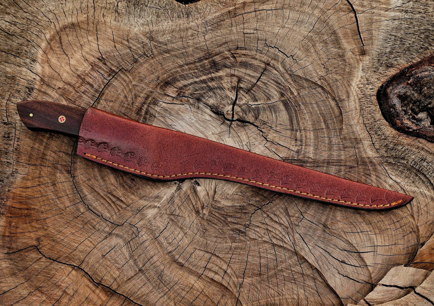 Handmade Damascus Steel Fillet Knife – 13" with Rose Wood Handle & Leather Sheath UF-21
