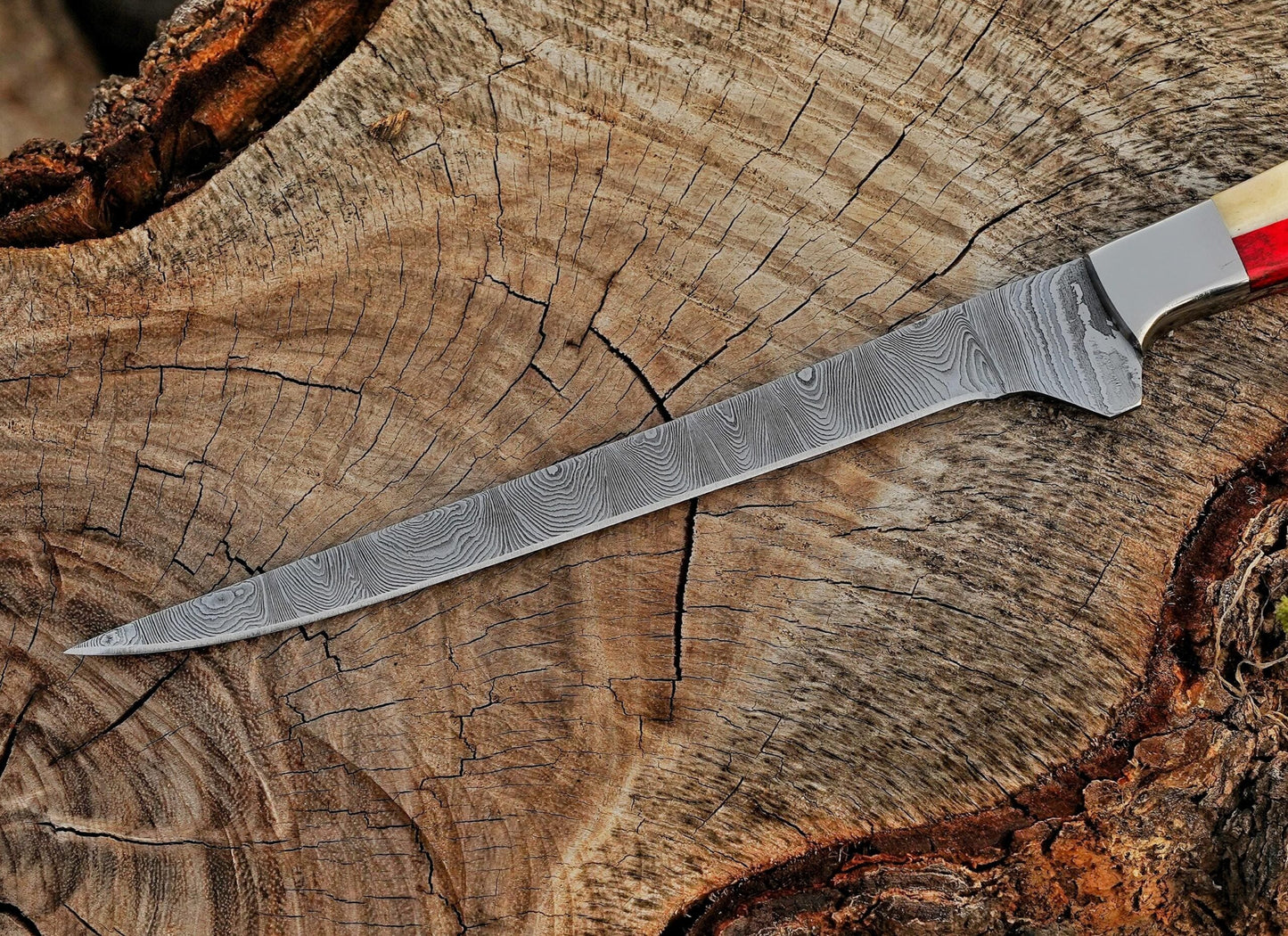 Handmade Damascus Steel Fillet Knife – 13" with Camel Bone, Exotic Wood & Steel Bolster Handle & Leather Sheath UF-27