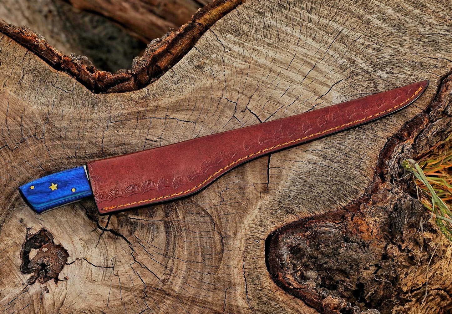 Handmade Damascus Steel Fillet Knife – 13" with Camel Bone, Exotic Wood & Steel Bolster Handle & Leather Sheath UF-27