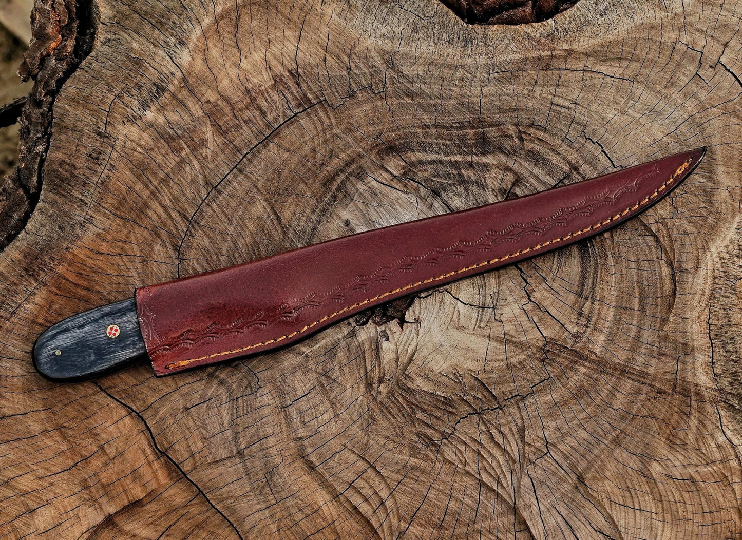 Handmade Damascus Steel Fillet Knife – 13" with rose & exotic wood Handle & Leather Sheath UF-22