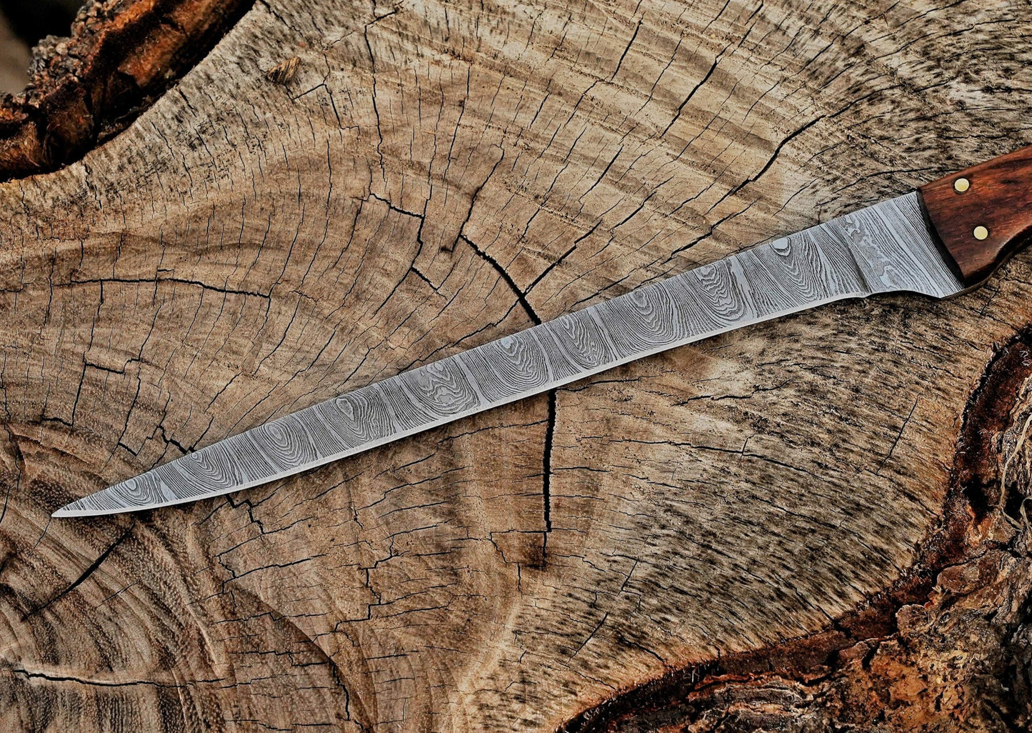 Handmade Damascus Steel Fillet Knife – 13" with rose & exotic wood Handle & Leather Sheath UF-22