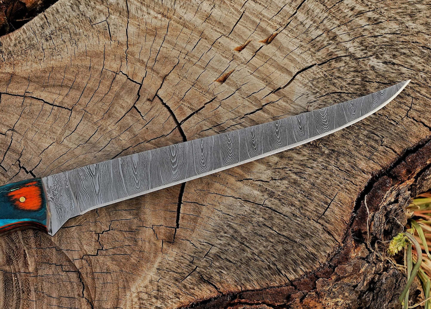 Handmade Damascus Steel Fillet Knife – 13" with Exotic & Micarta Wood Handle & Leather Sheath UF-31