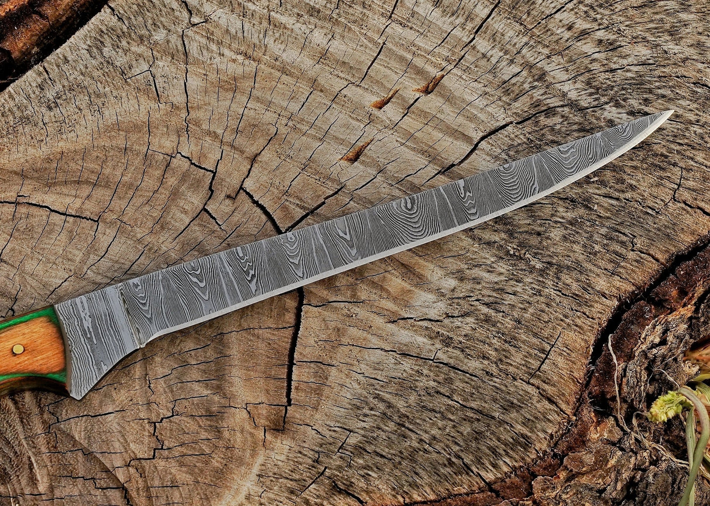 Handmade Damascus Steel Fillet Knife – 13" with Exotic Wood Handle & Leather Sheath UF-24