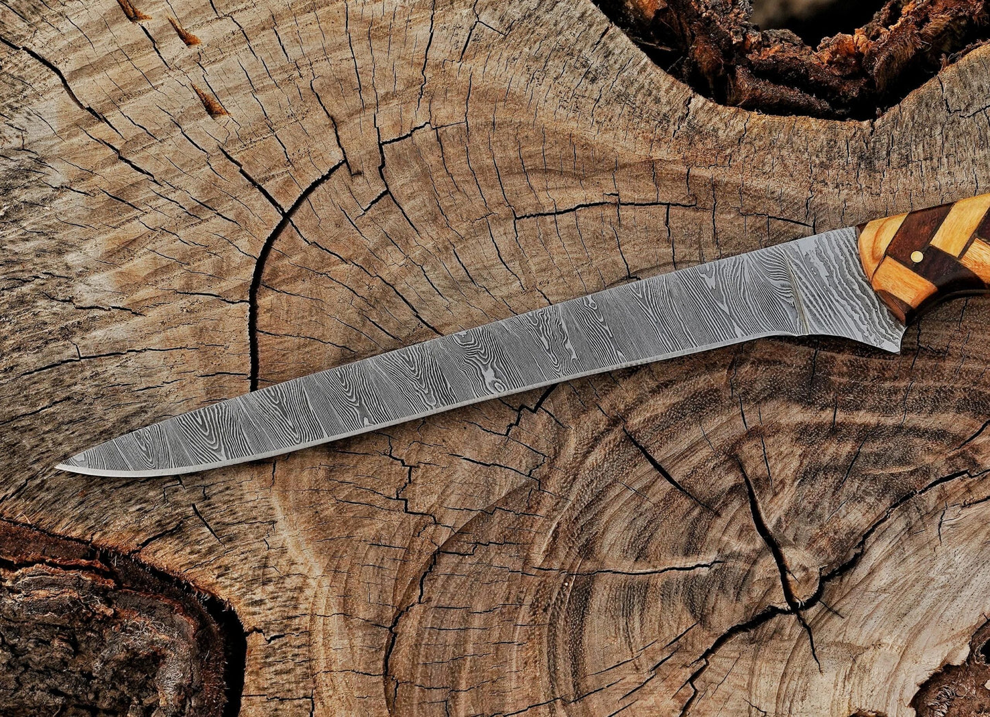 Handmade Damascus Steel Fillet Knife – 13" with Rose & Olive Wood Handle & Leather Sheath UF-28