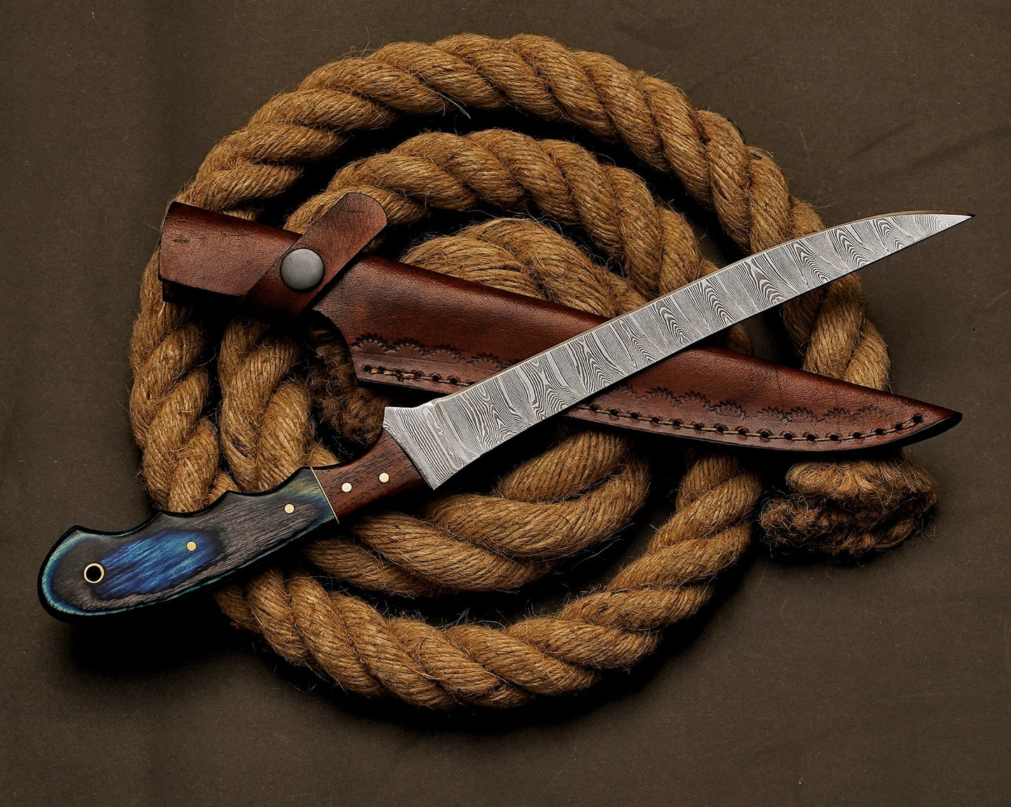 Handmade Damascus Steel Fillet Knife – 13" with Exotic Wood Handle & Leather Sheath -5