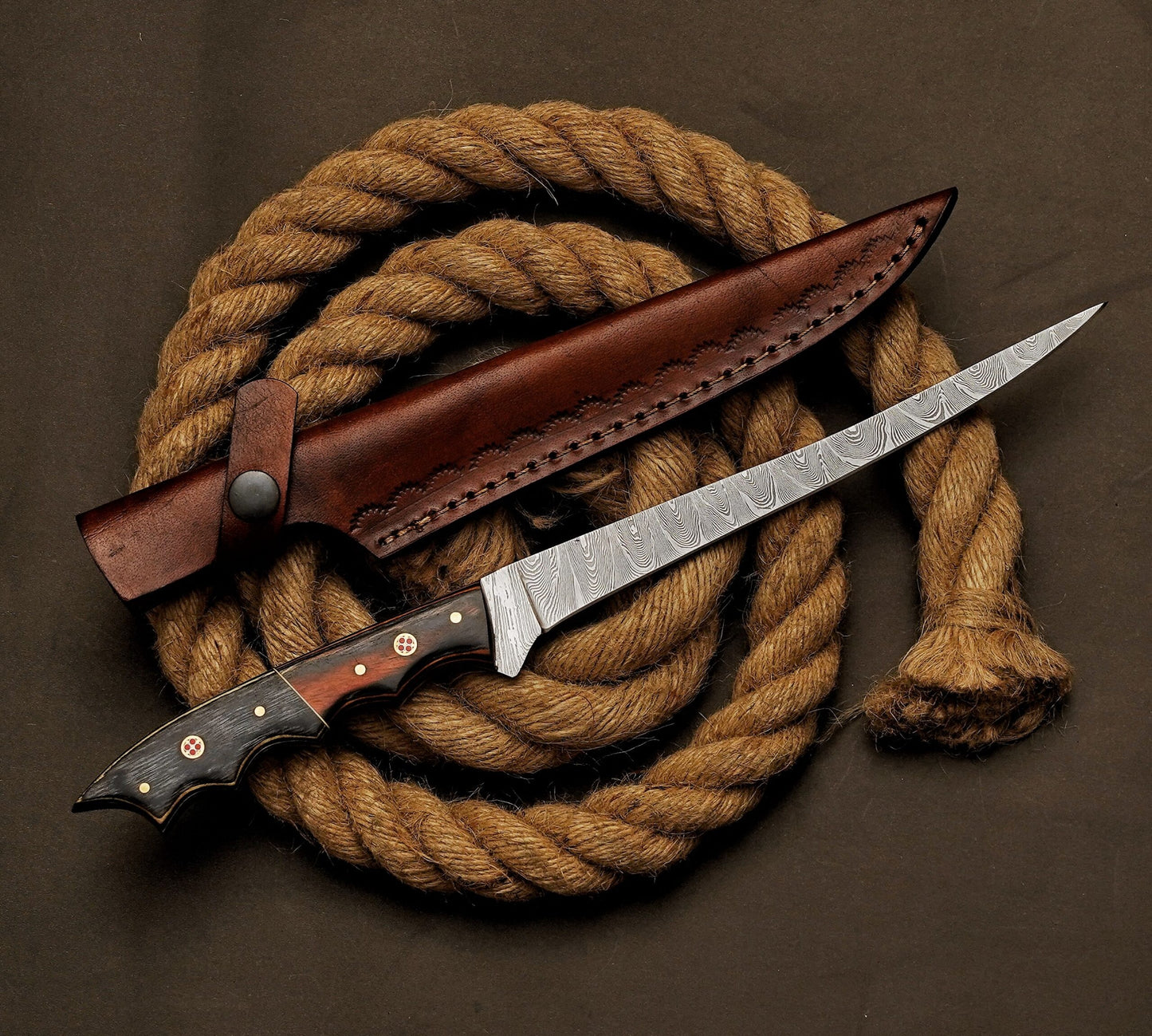 Handmade Damascus Steel Fillet Knife – 13" with Exotic Wood Handle & Leather Sheath UF-33