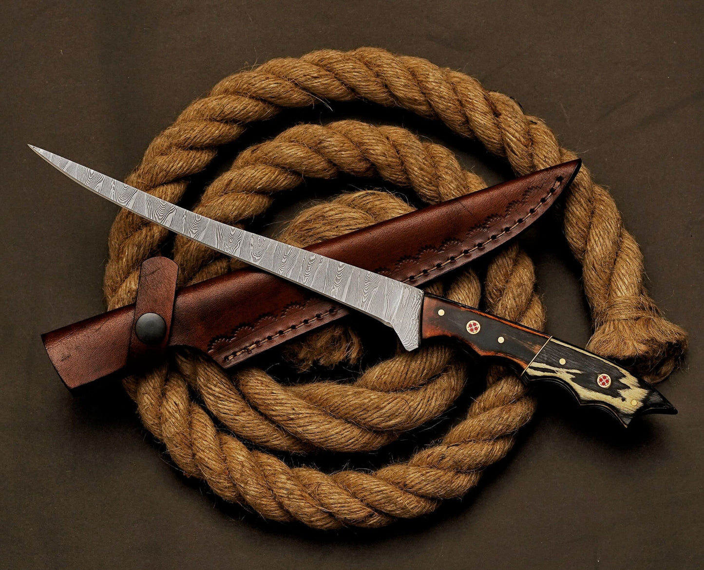Handmade Damascus Steel Fillet Knife – 13" with Exotic Wood Handle & Leather Sheath