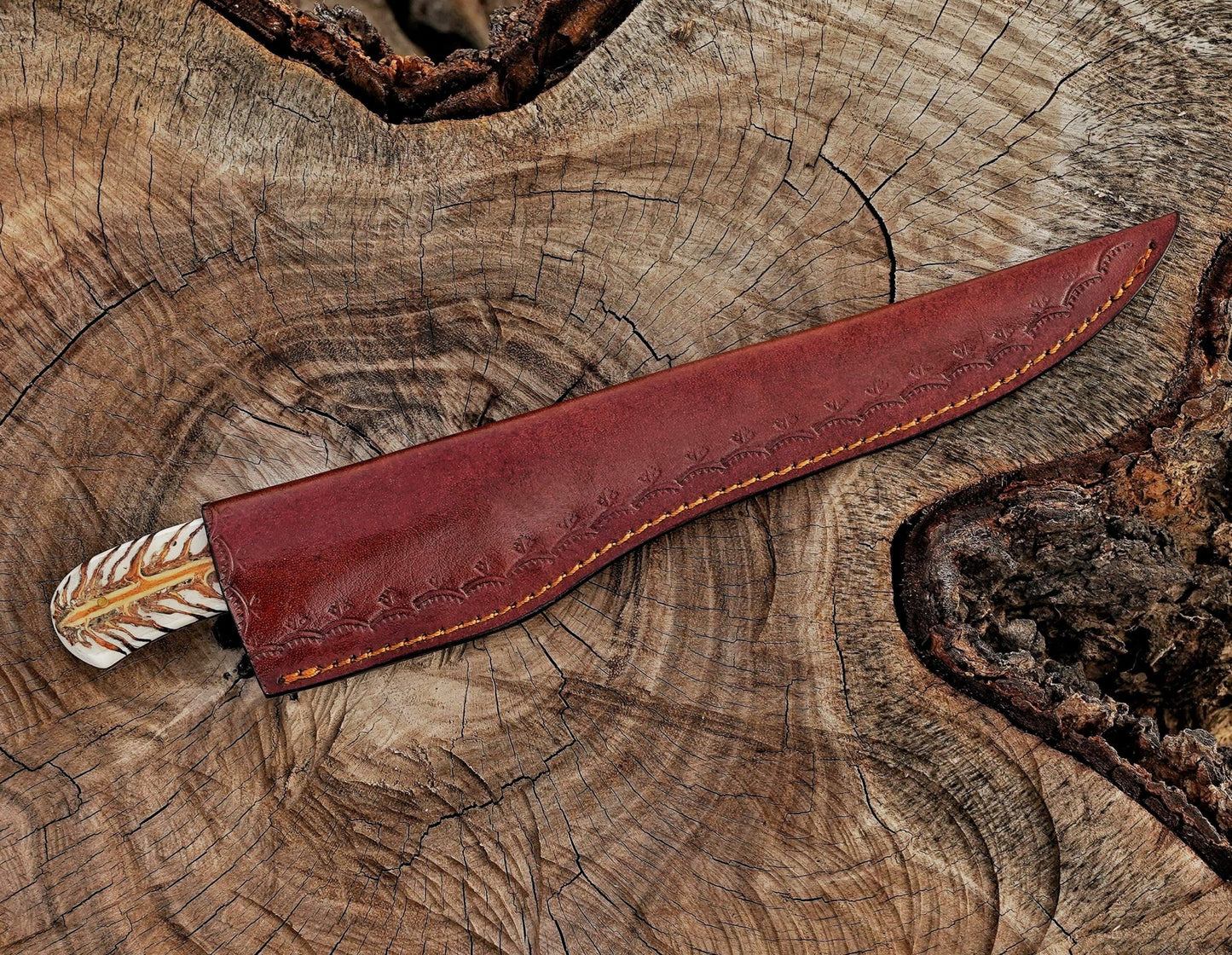 Handmade Damascus Steel Fillet Knife – 13" with Resin Wood Handle & Leather Sheath UF-30