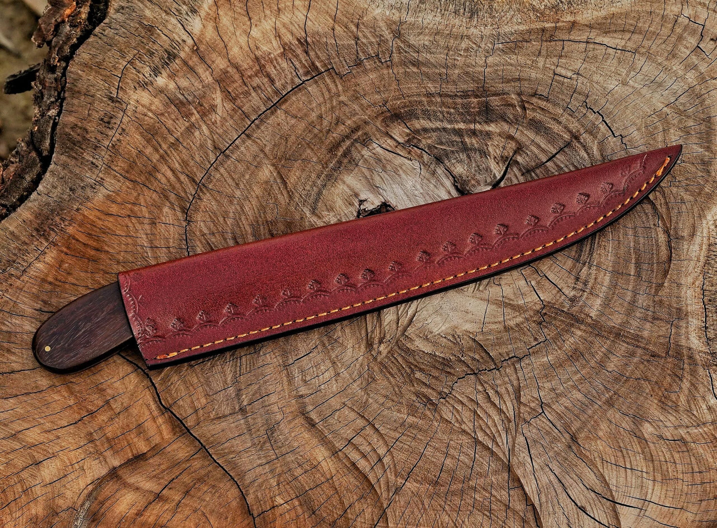 Handmade Damascus Steel Fillet Knife – 13" with Rose Wood Handle & Leather Sheath UF-26