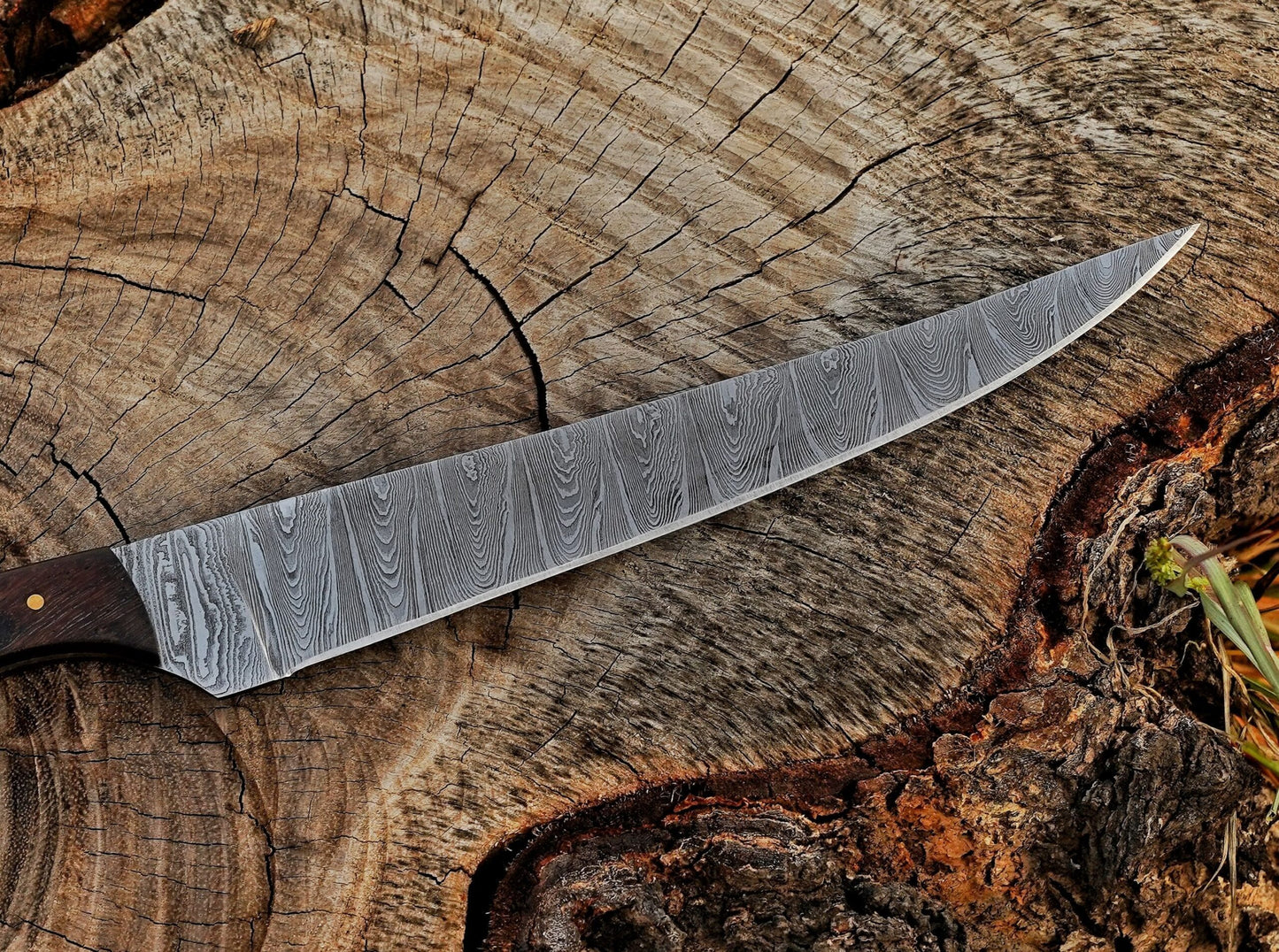 Handmade Damascus Steel Fillet Knife – 13" with Rose Wood Handle & Leather Sheath UF-26