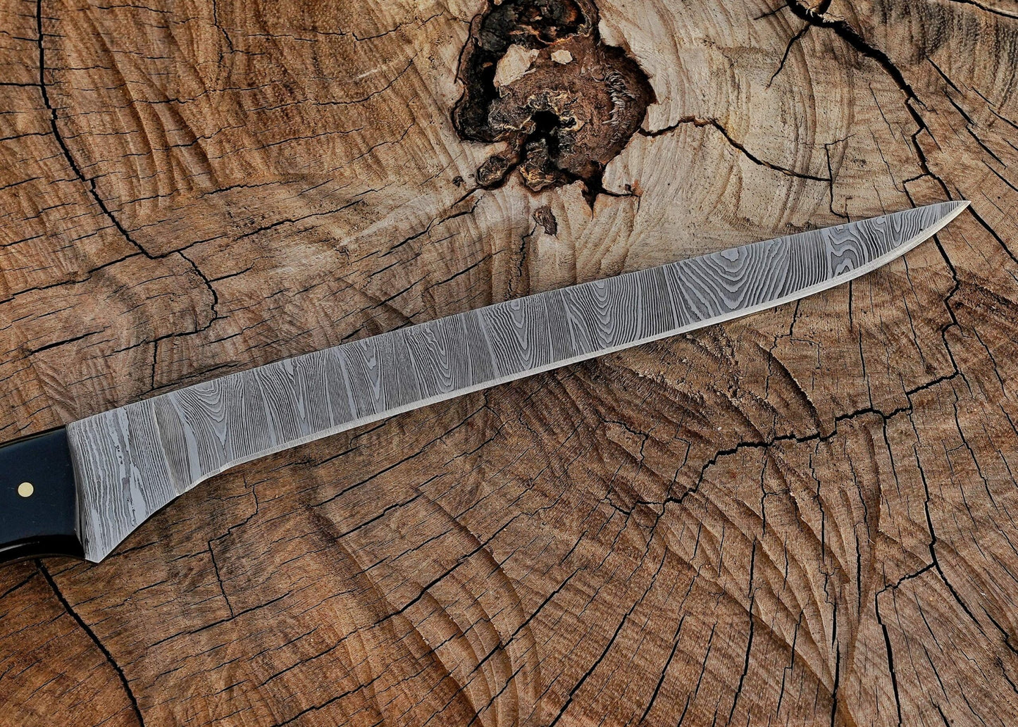 Handmade Damascus Steel Fillet Knife – 12" with black horn & camel bone Handle & Leather Sheath UF-23