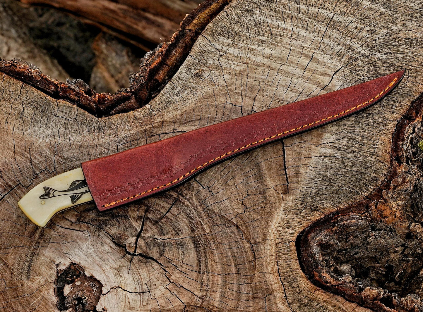 Handmade Damascus Steel Fillet Knife – 12" with black horn & camel bone Handle & Leather Sheath UF-23