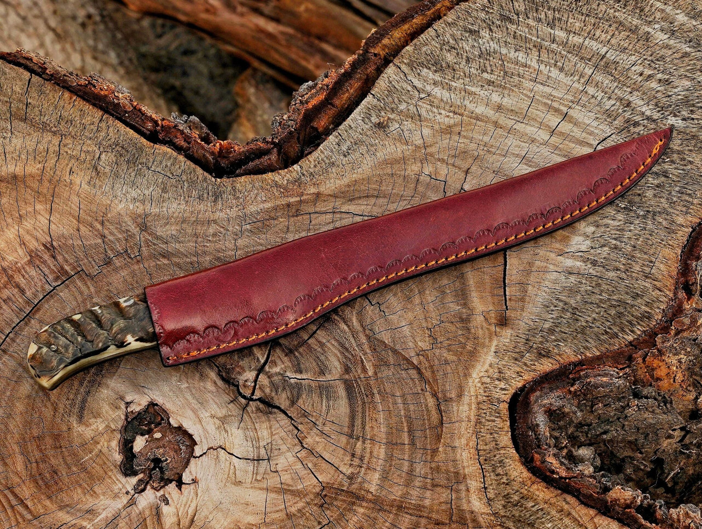 Handmade Damascus Steel Fillet Knife – 13" with Ram Horn & Rose Wood Handle & Leather Sheath UF-25