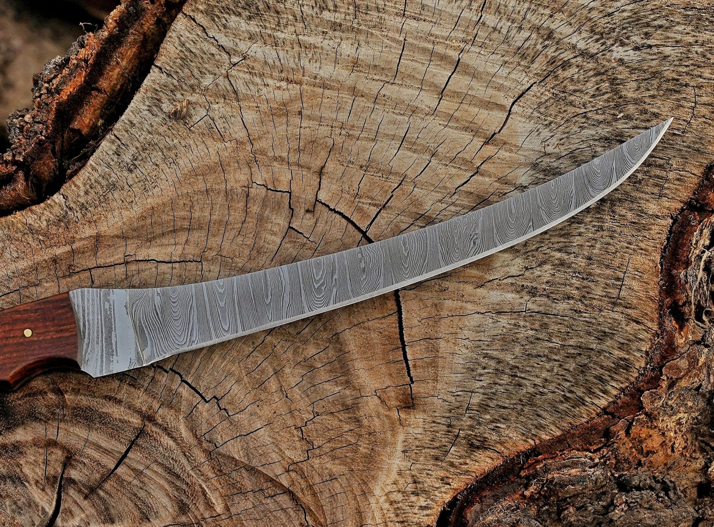 Handmade Damascus Steel Fillet Knife – 13" with Rose Wood Handle & Leather Sheath UF-29