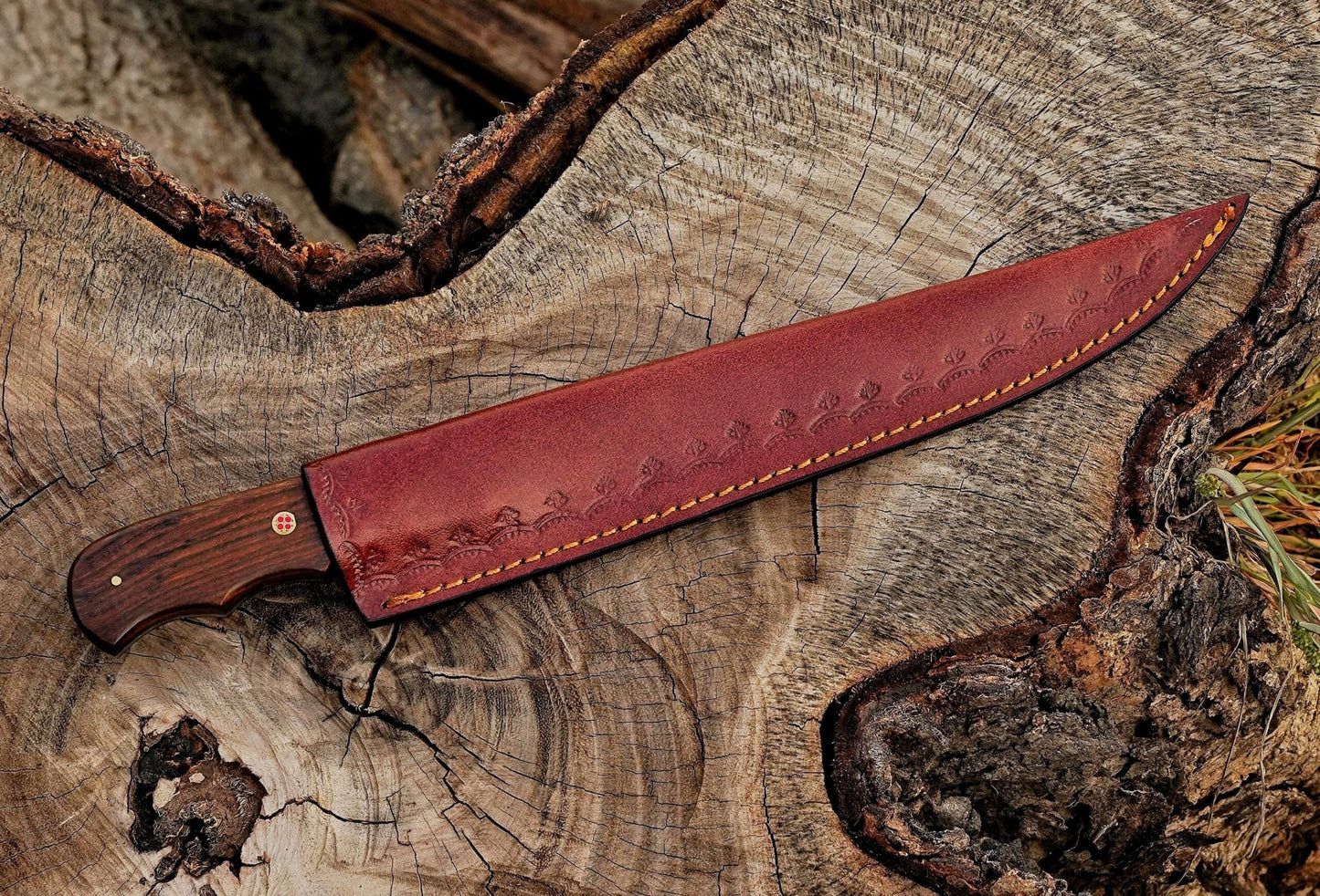 Handmade Damascus Steel Fillet Knife – 13" with Rose Wood Handle & Leather Sheath UF-29