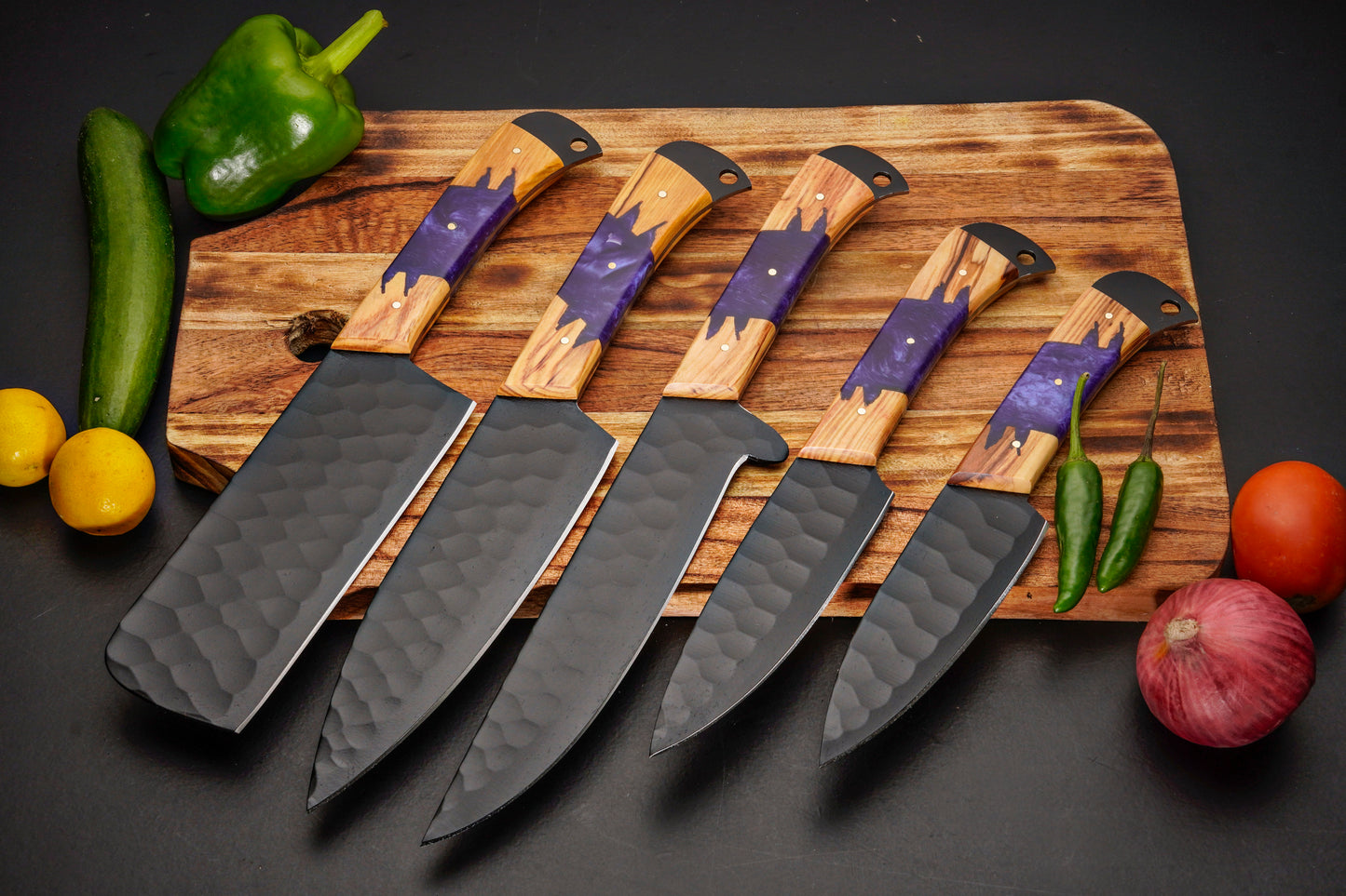 Handmade Carbon Steel Chef Knife Set – Powder Coated Blade with Wood & Resin Handle