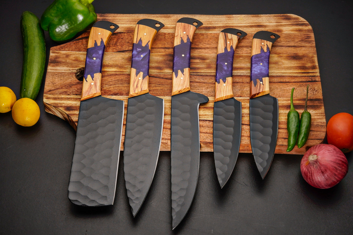 Handmade Carbon Steel Chef Knife Set – Powder Coated Blade with Wood & Resin Handle