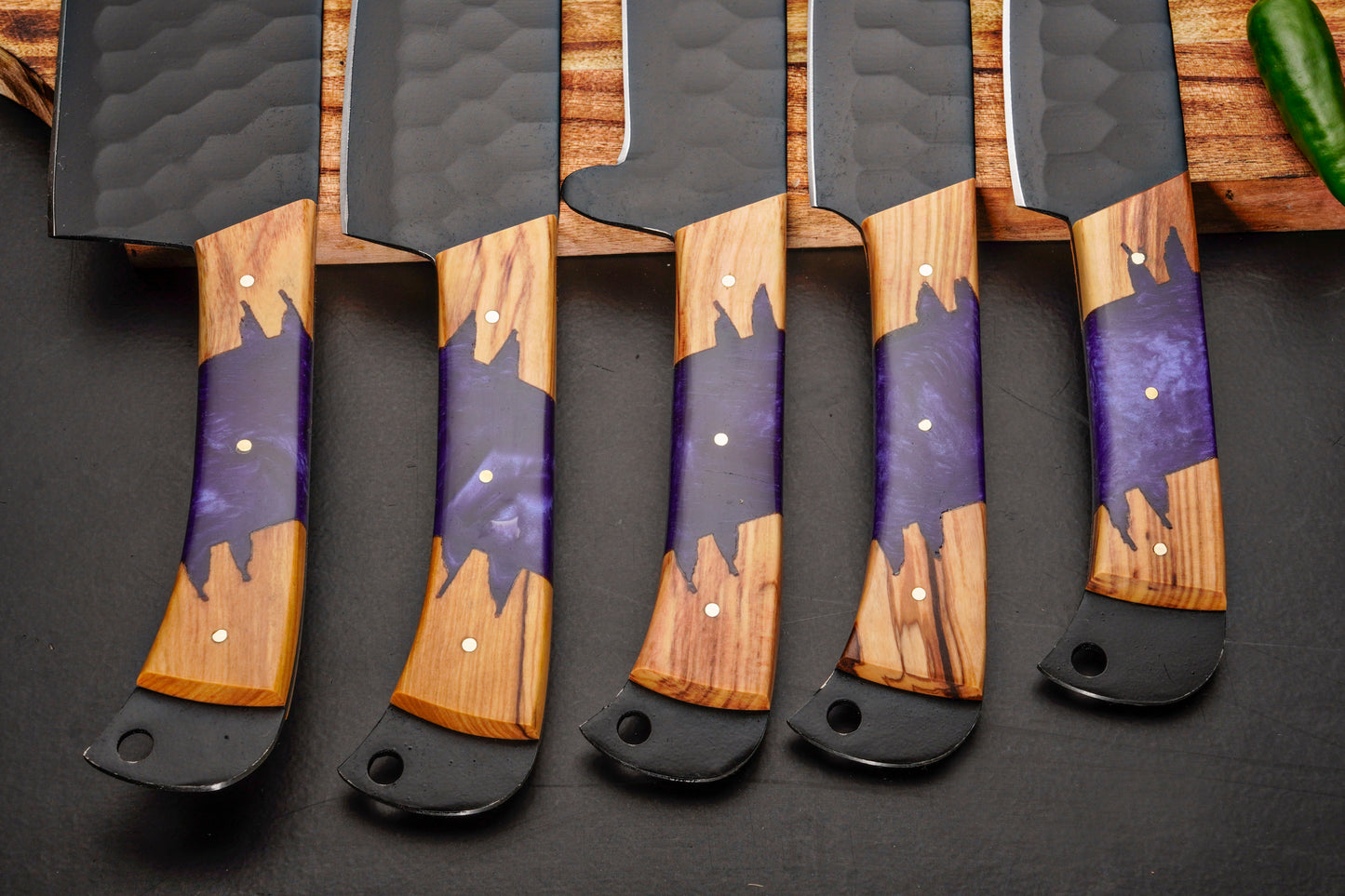 Handmade Carbon Steel Chef Knife Set – Powder Coated Blade with Wood & Resin Handle