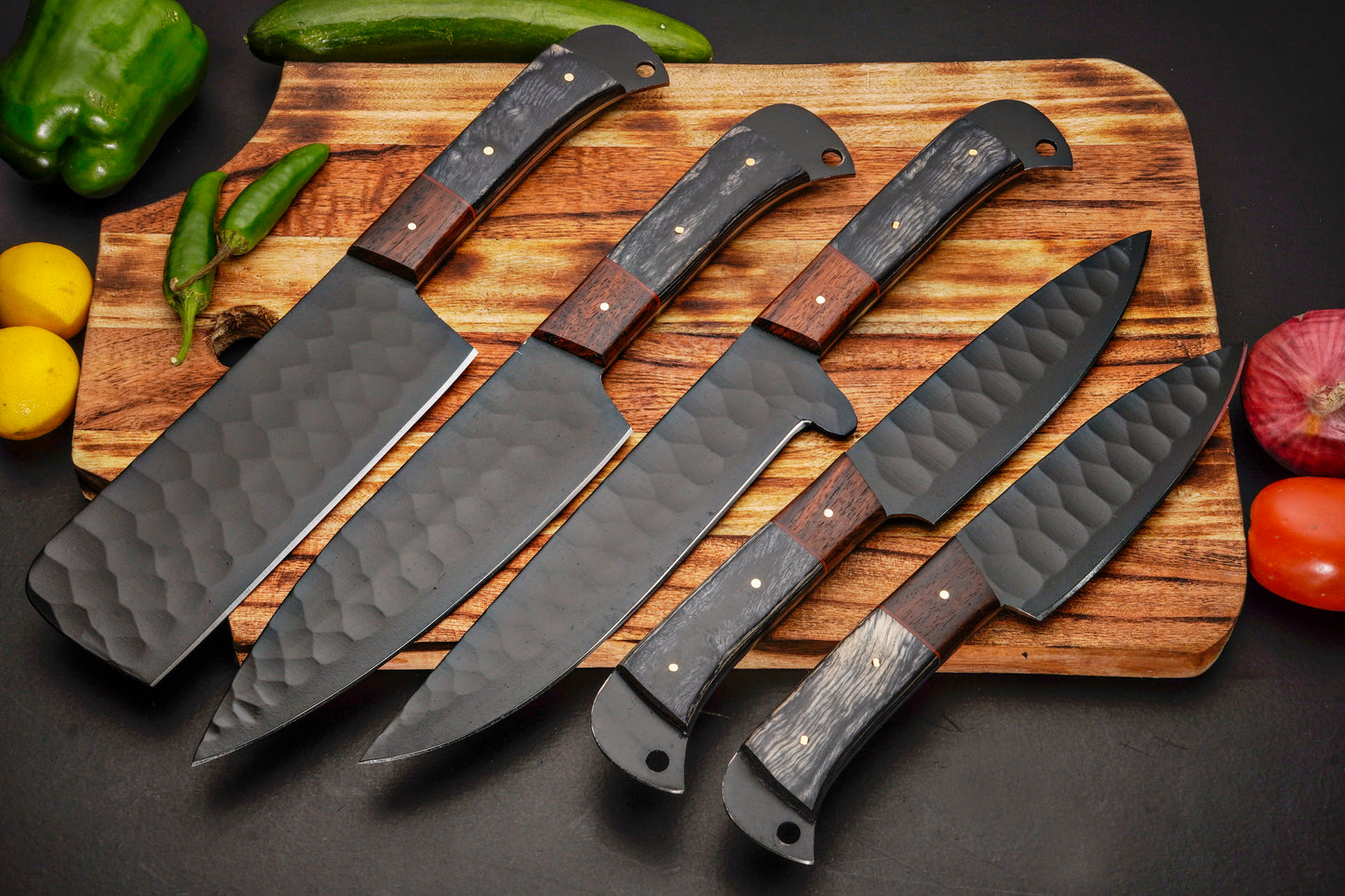 Handmade Carbon Steel Chef Knife Set – Powder Coated Blade with Exotic Wood Handle