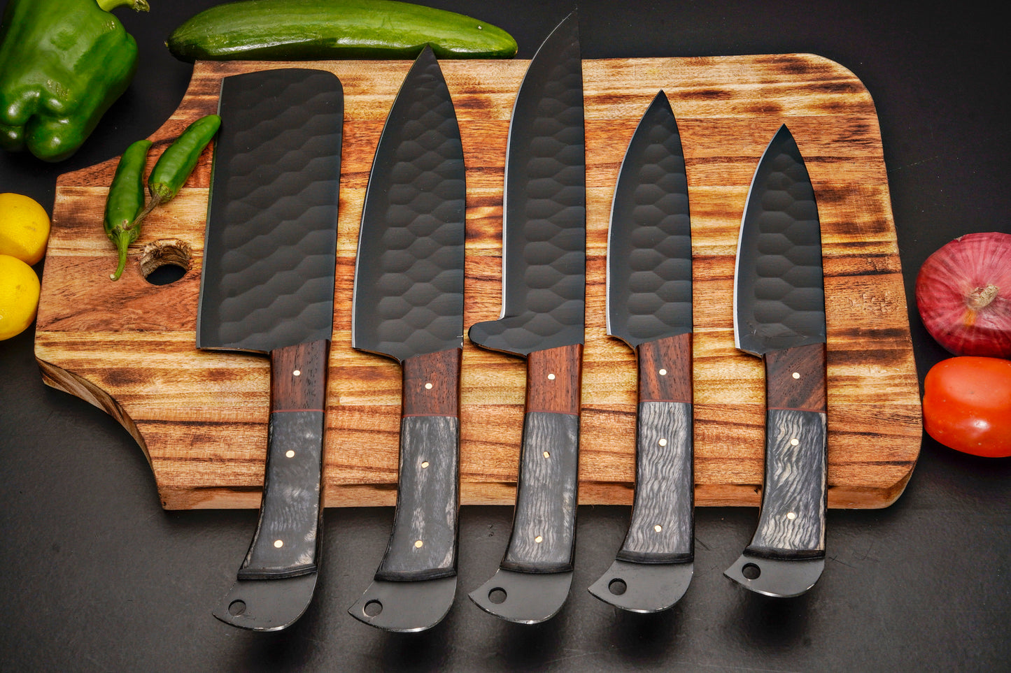 Handmade Carbon Steel Chef Knife Set – Powder Coated Blade with Exotic Wood Handle