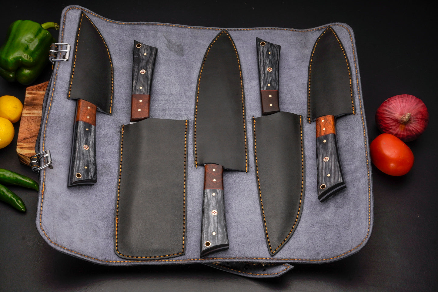 Handmade Carbon Steel Chef Knife Set – Powder Coated Blade with Exotic Wood Handle