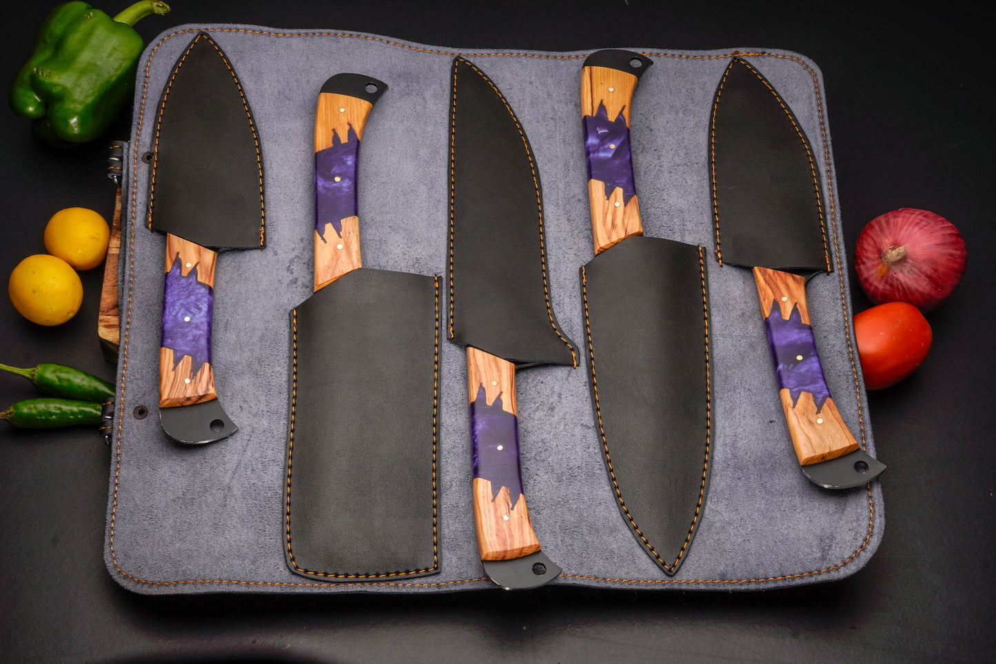 Handmade Carbon Steel Chef Knife Set – Powder Coated Blade with Wood & Resin Handle