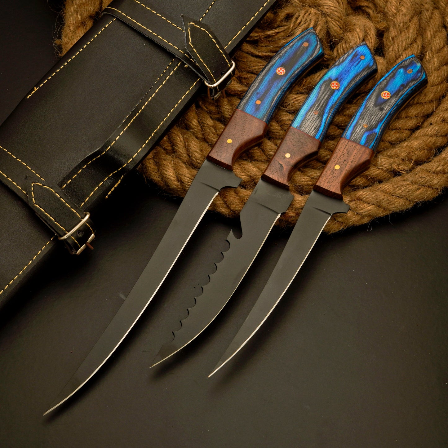 3 Pc Handmade Carbon Steel Powder coated Fillet Knife set With Leather Roll kit best Anniversary Gift for Men