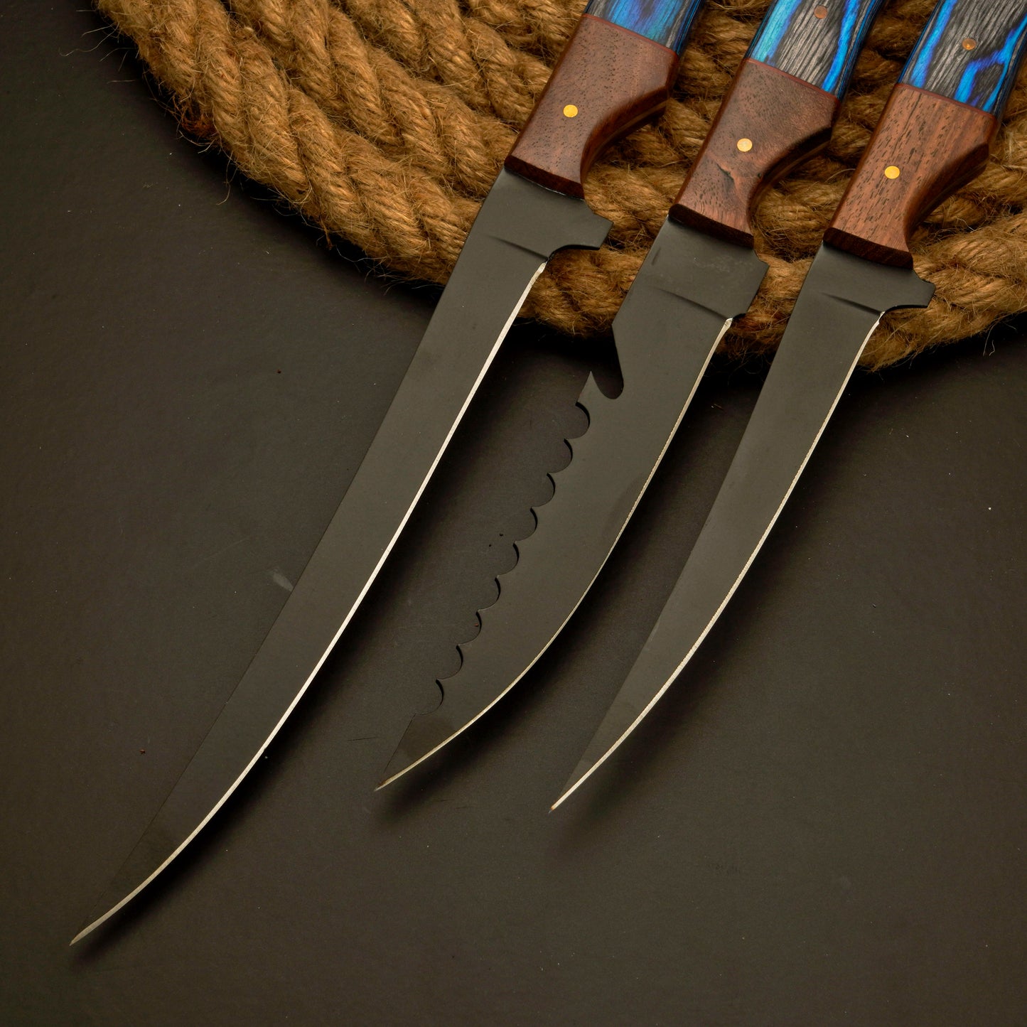 3 Pc Handmade Carbon Steel Powder coated Fillet Knife set With Leather Roll kit best Anniversary Gift for Men
