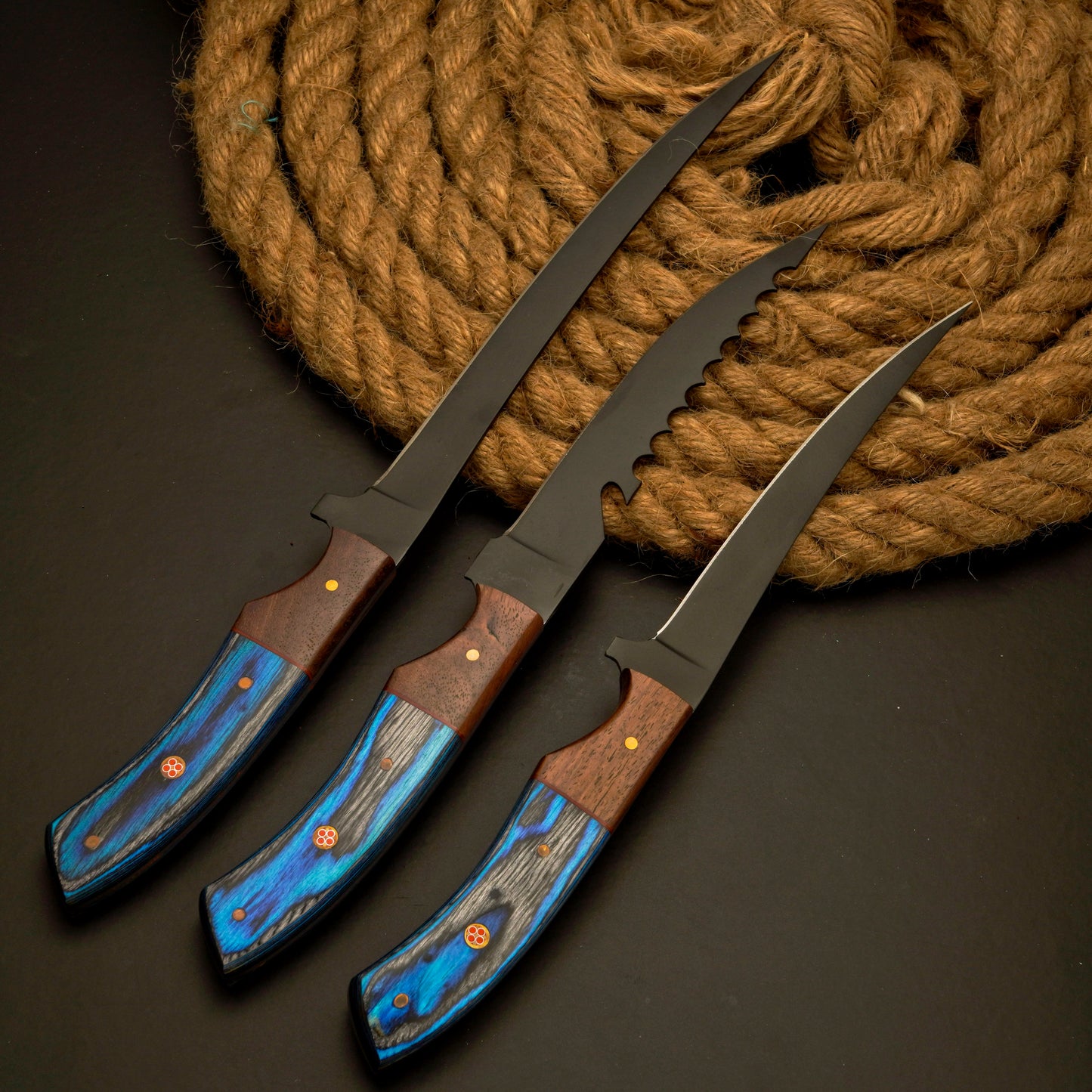 3 Pc Handmade Carbon Steel Powder coated Fillet Knife set With Leather Roll kit best Anniversary Gift for Men