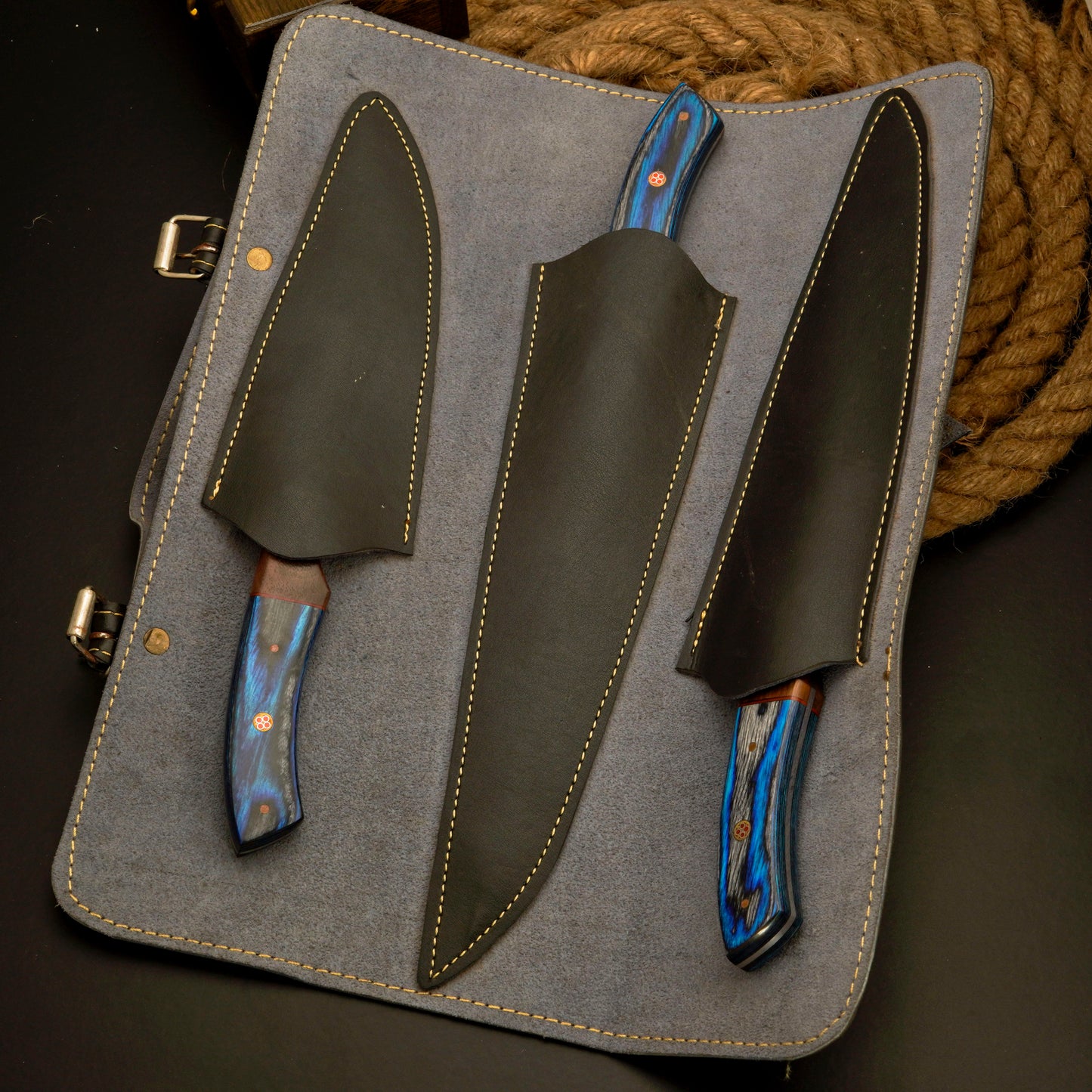 3 Pc Handmade Carbon Steel Powder coated Fillet Knife set With Leather Roll kit best Anniversary Gift for Men