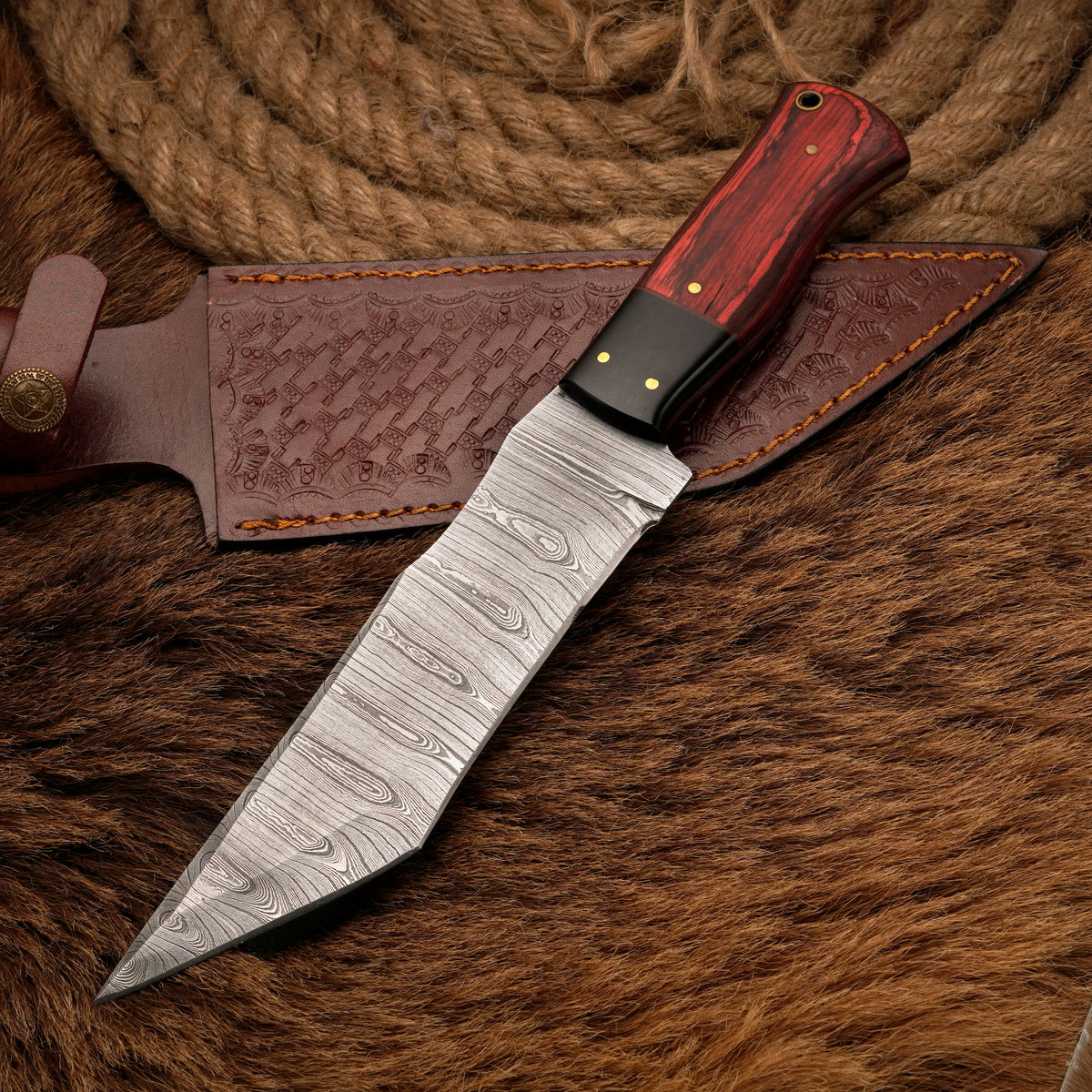 Handmade Damascus Steel Tanto Knife – Exotic Wood & Buffalo Horn Handle