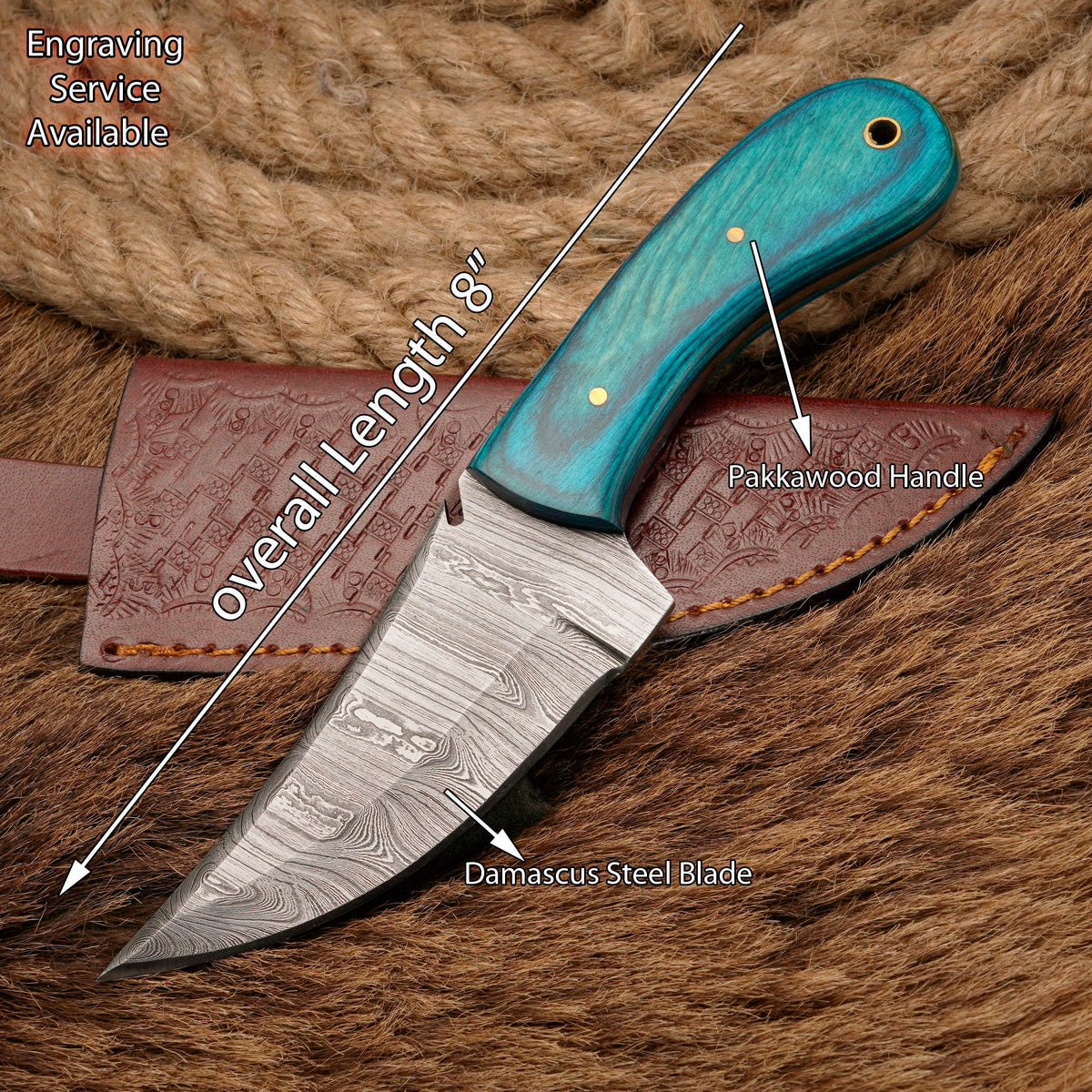 Handmade Damascus Steel Skinner Knife – Exotic Wood Handle, 8-Inch