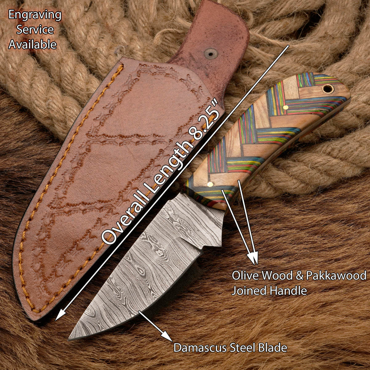Handmade Damascus Steel Skinner Knife – Exotic & Olive Wood Handle, 8-Inch