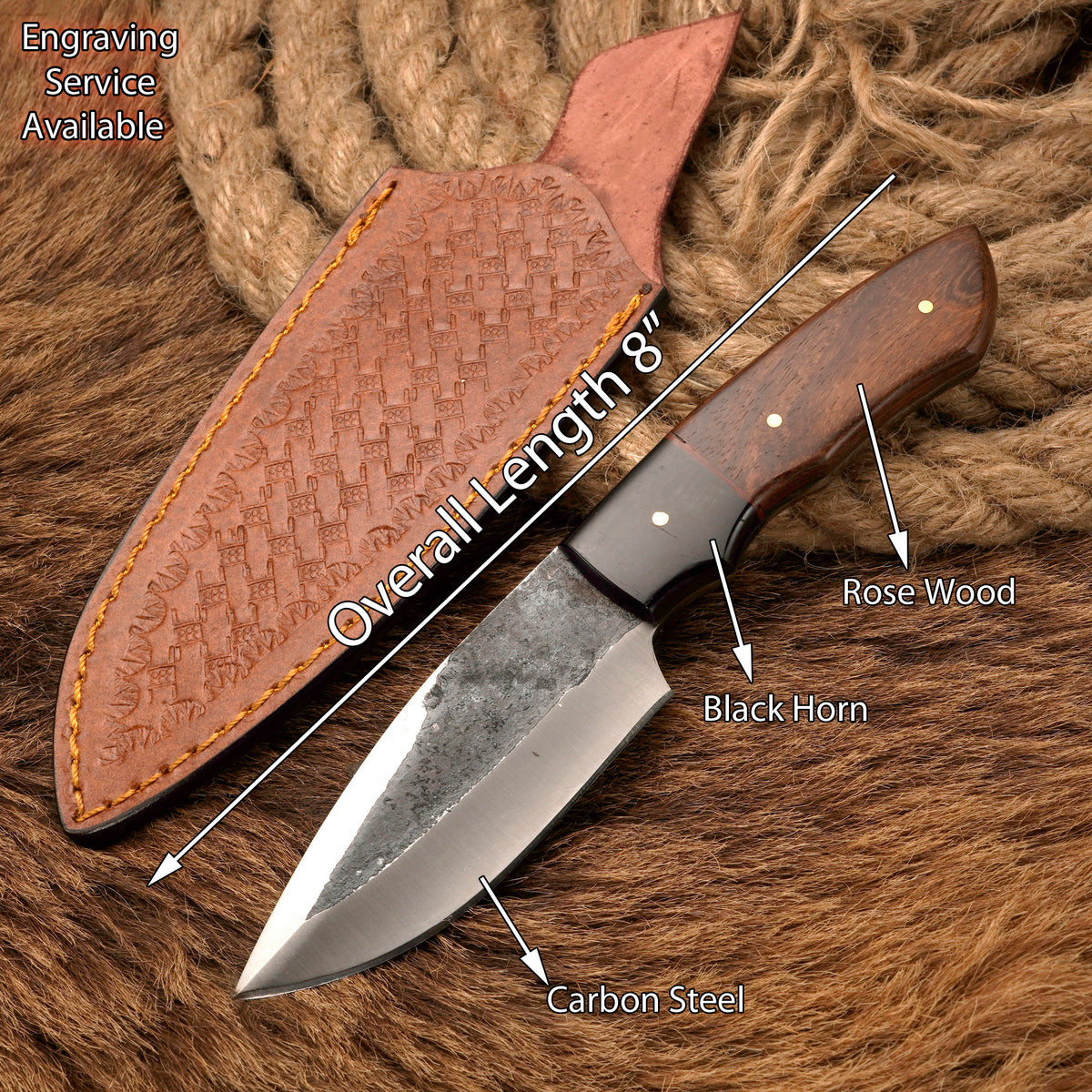 Handmade Carbon Steel Skinner Knife – Rosewood & Buffalo Horn Handle, 8-Inch