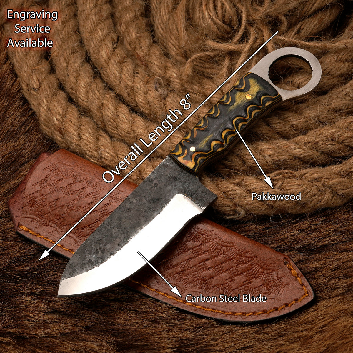 Handmade Carbon Steel Skinner Knife – Exotic Wood Handle, 8-Inch