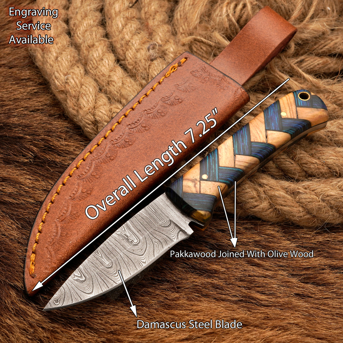 Handmade Damascus Steel Skinner Knife – Exotic & Olive Wood Handle, 8-Inch