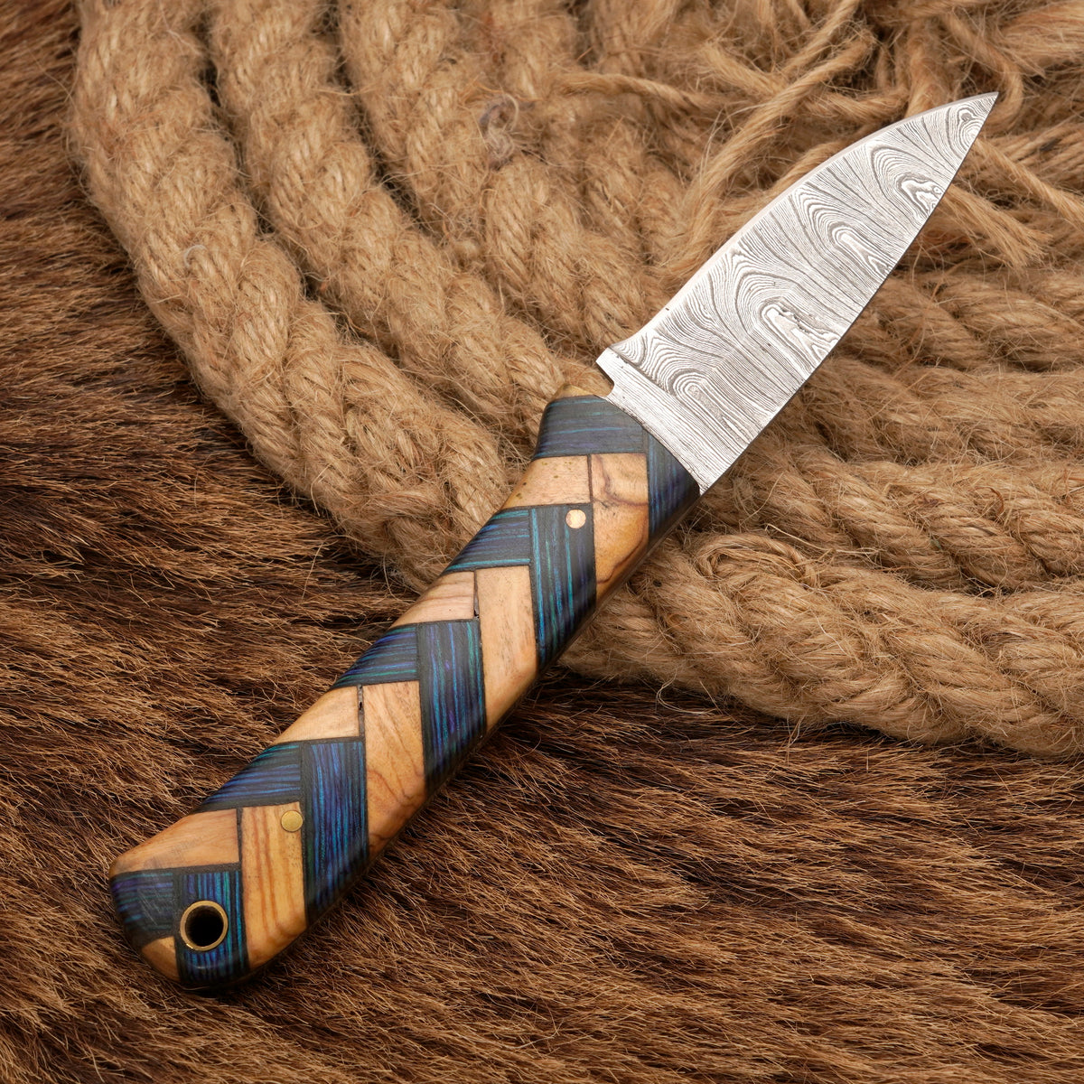Handmade Damascus Steel Skinner Knife – Exotic & Olive Wood Handle, 8-Inch