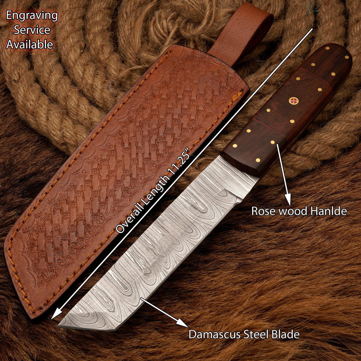Handmade Damascus Steel Tanto Knife – Rosewood Handle, 12-Inch
